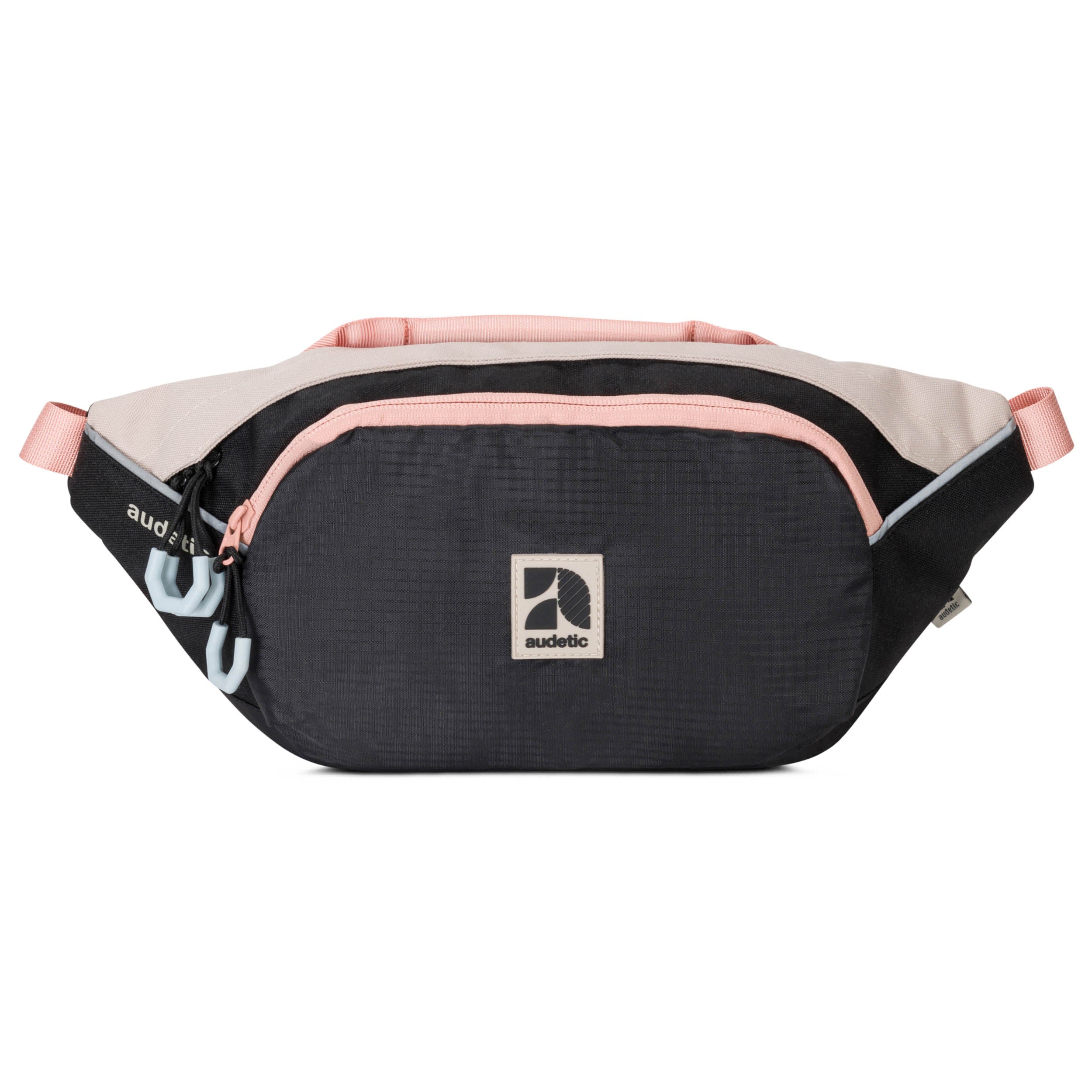 Bauchtasche DRIP von audetic in Schwarz und Beige mit rosa Details und Doppelreißverschluss vorne