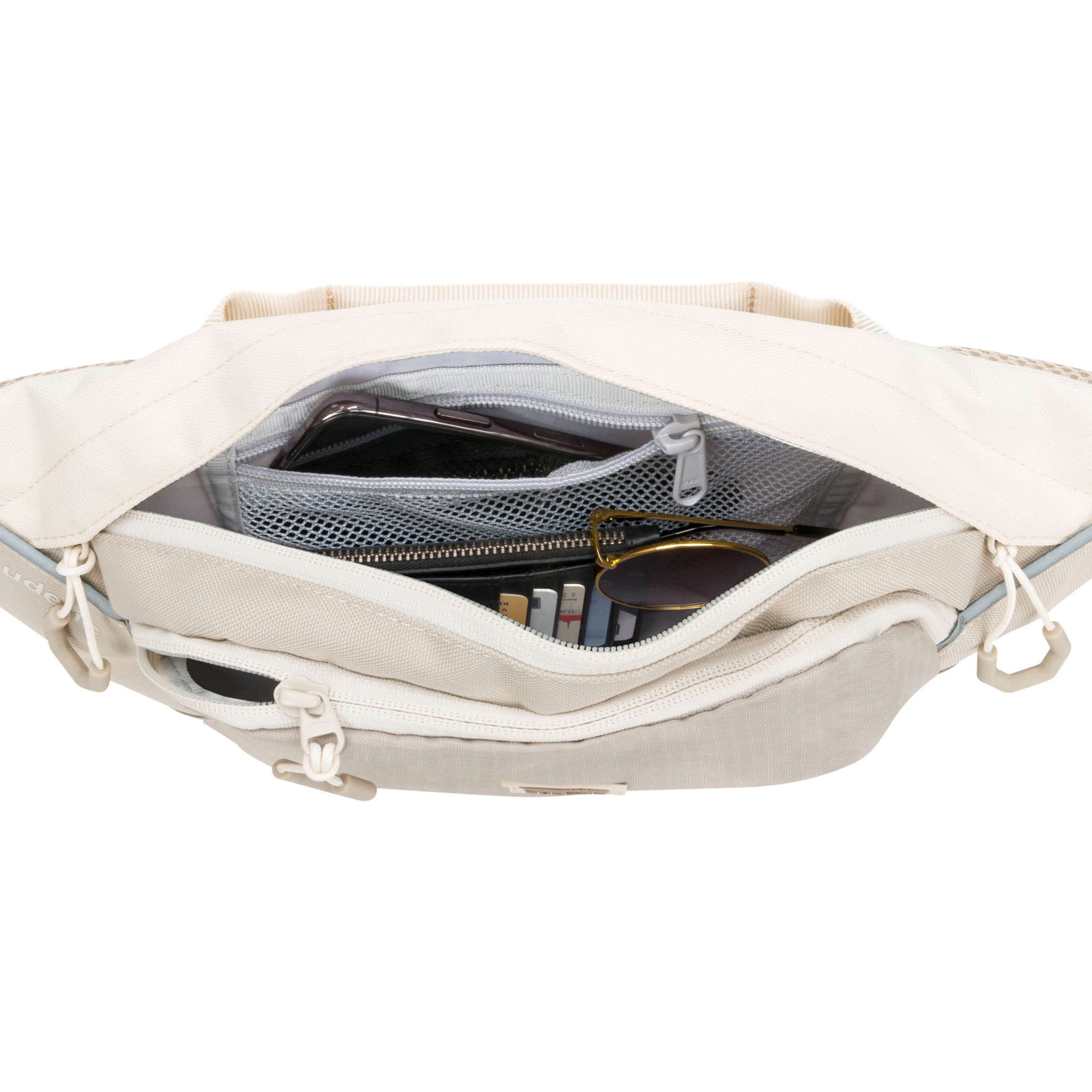 Beige Bauchtasche DRIP mit offenem Hauptfach, innen Smartphone, Sonnenbrille und Kartenfächer sichtbar