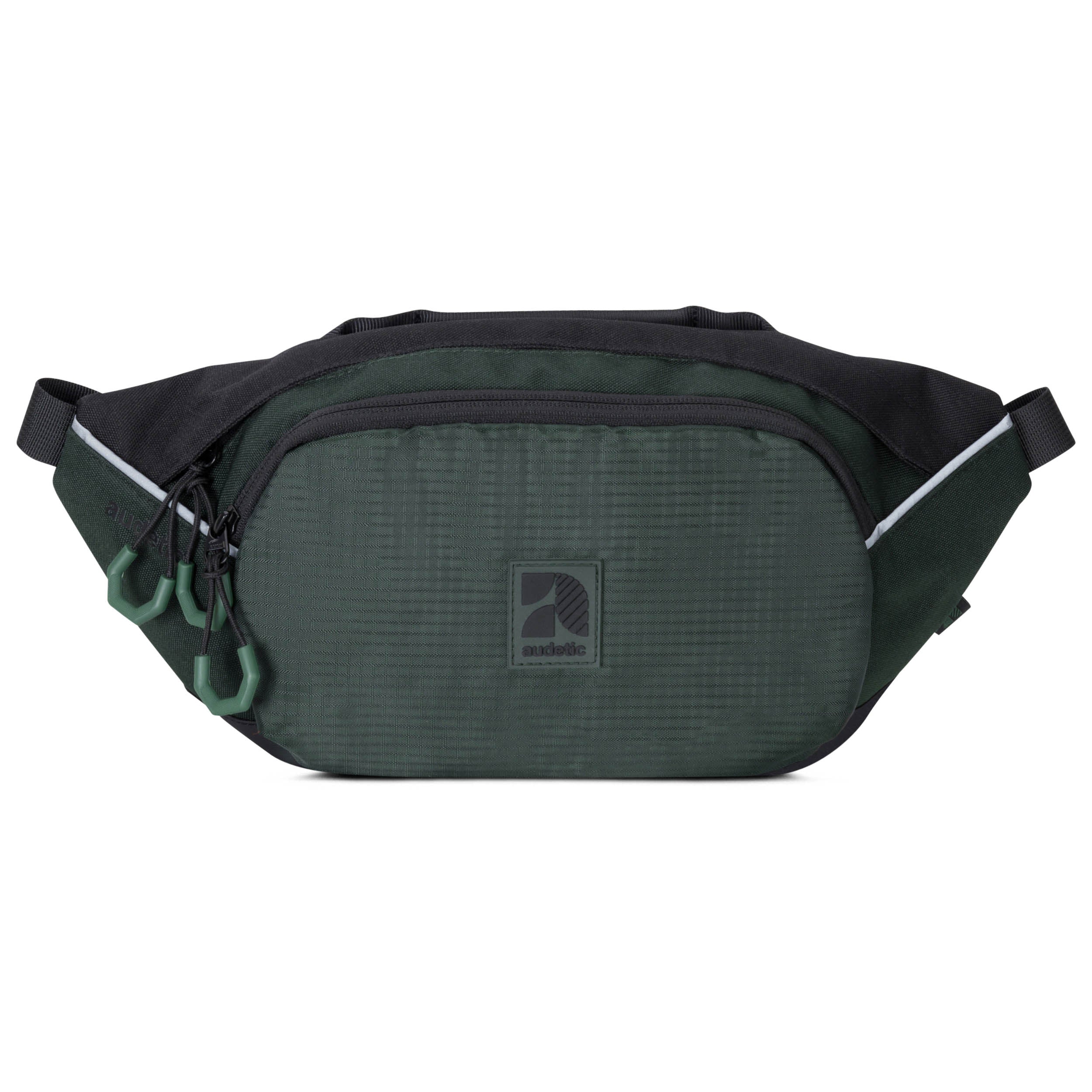 Dunkelgrüne Bauchtasche DRIP mit schwarzem oberen Teil und reflektierenden Details