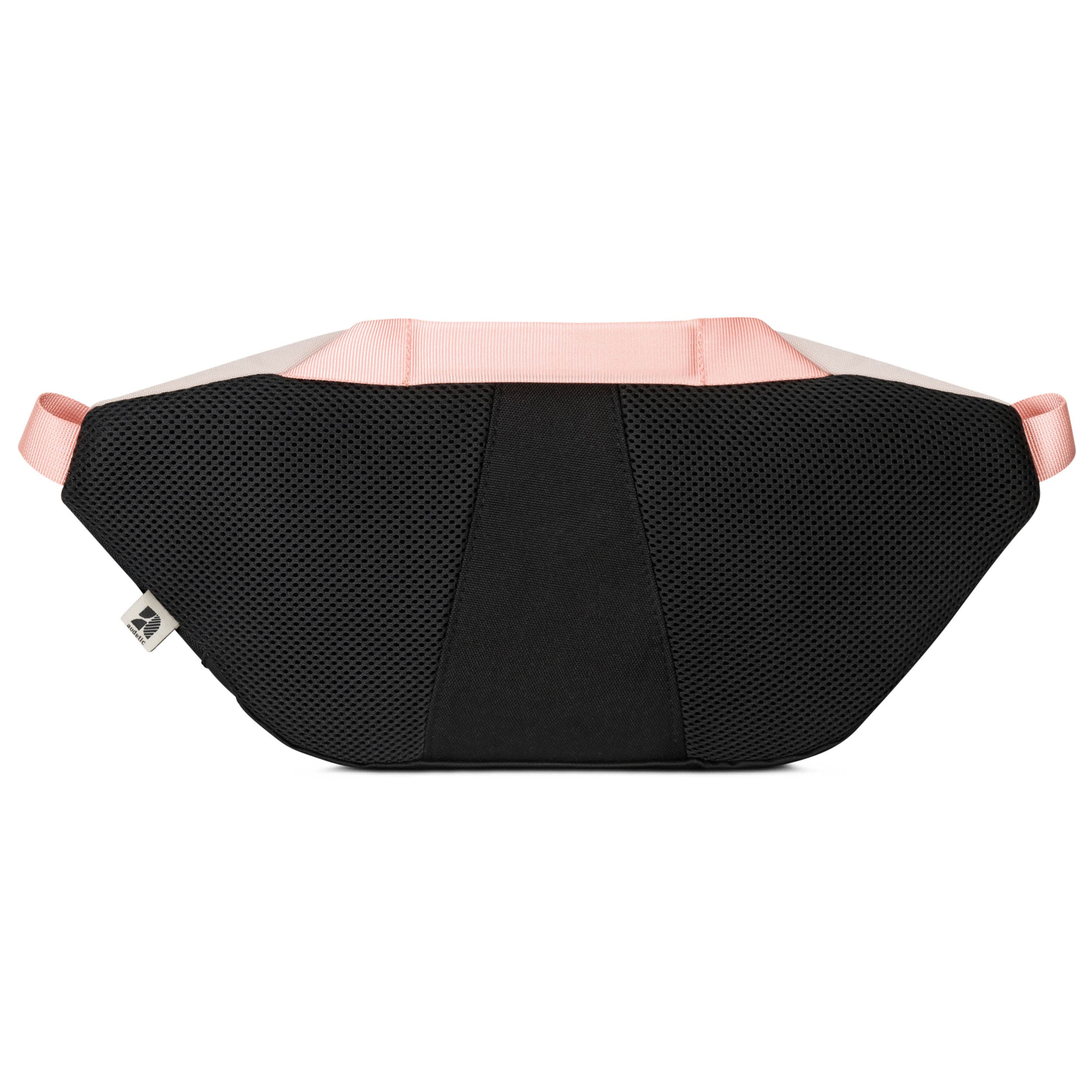 Rückseite der Bauchtasche DRIP mit schwarzem, atmungsaktivem Mesh-Material und rosa Trägern