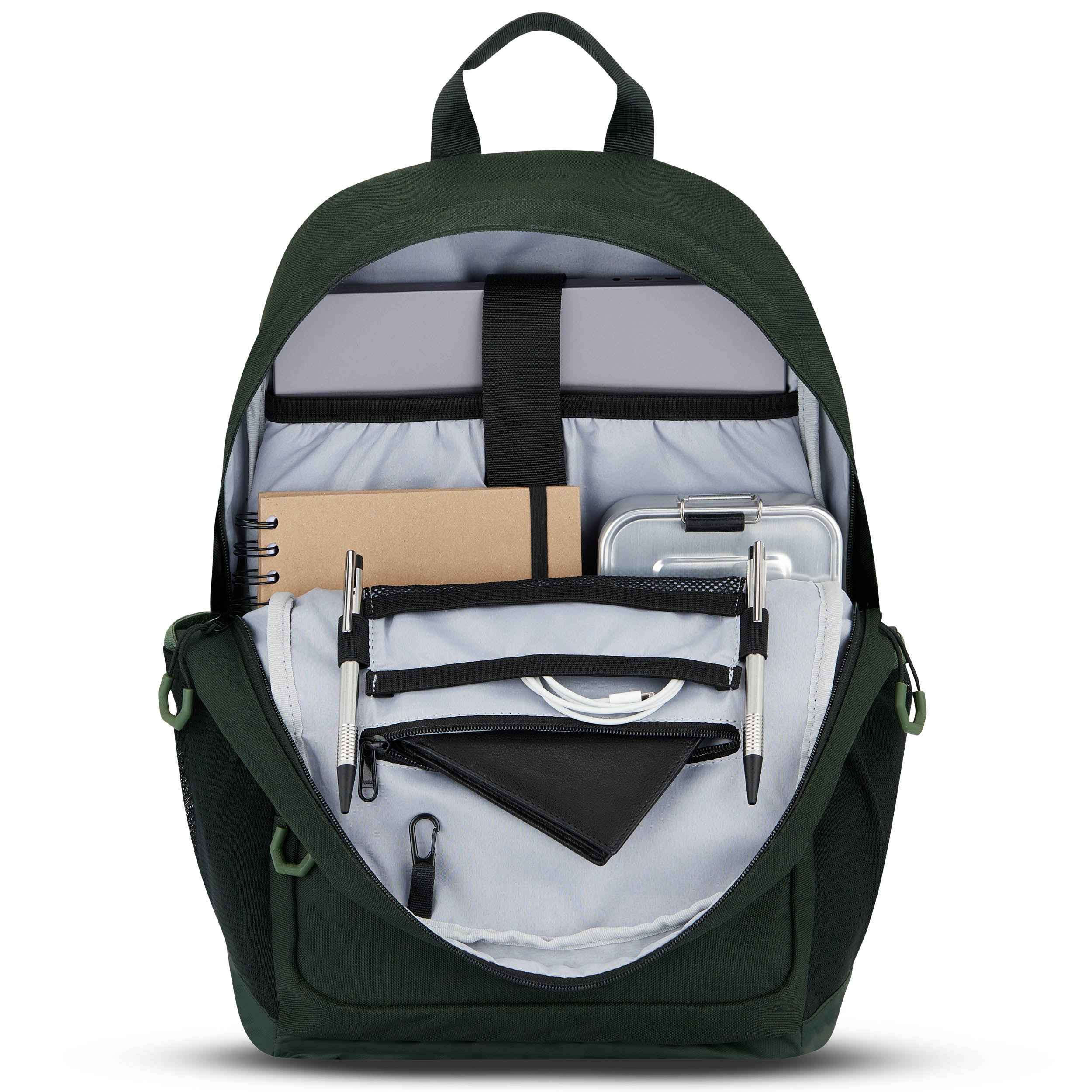 Geöffneter schwarzer Schulrucksack FLEX mit Laptopfach, Spiralblock, Brotdose, Stiften und kleinen Fächern