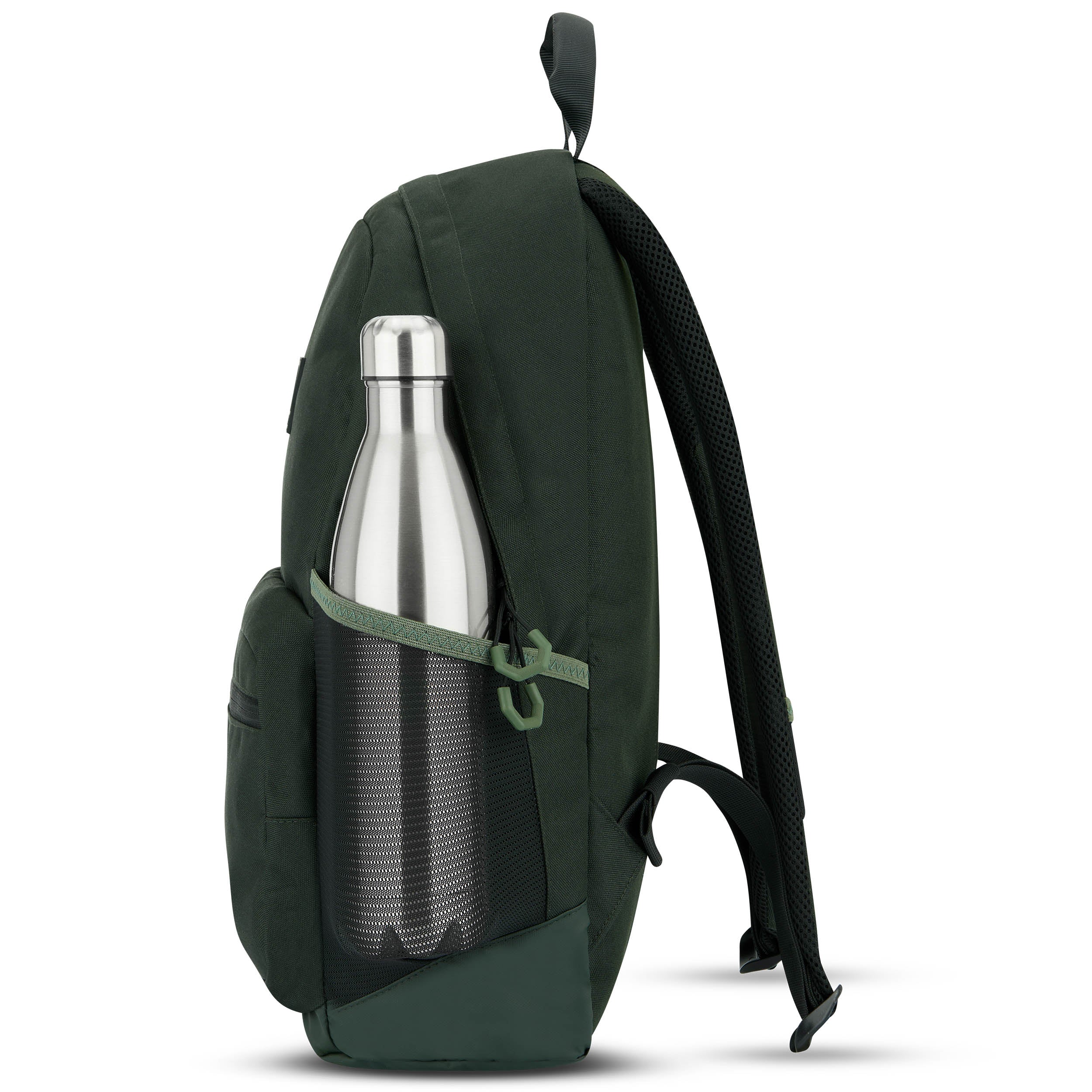 Grüner Schulrucksack FLEX mit seitlicher Netztasche und silberner Trinkflasche