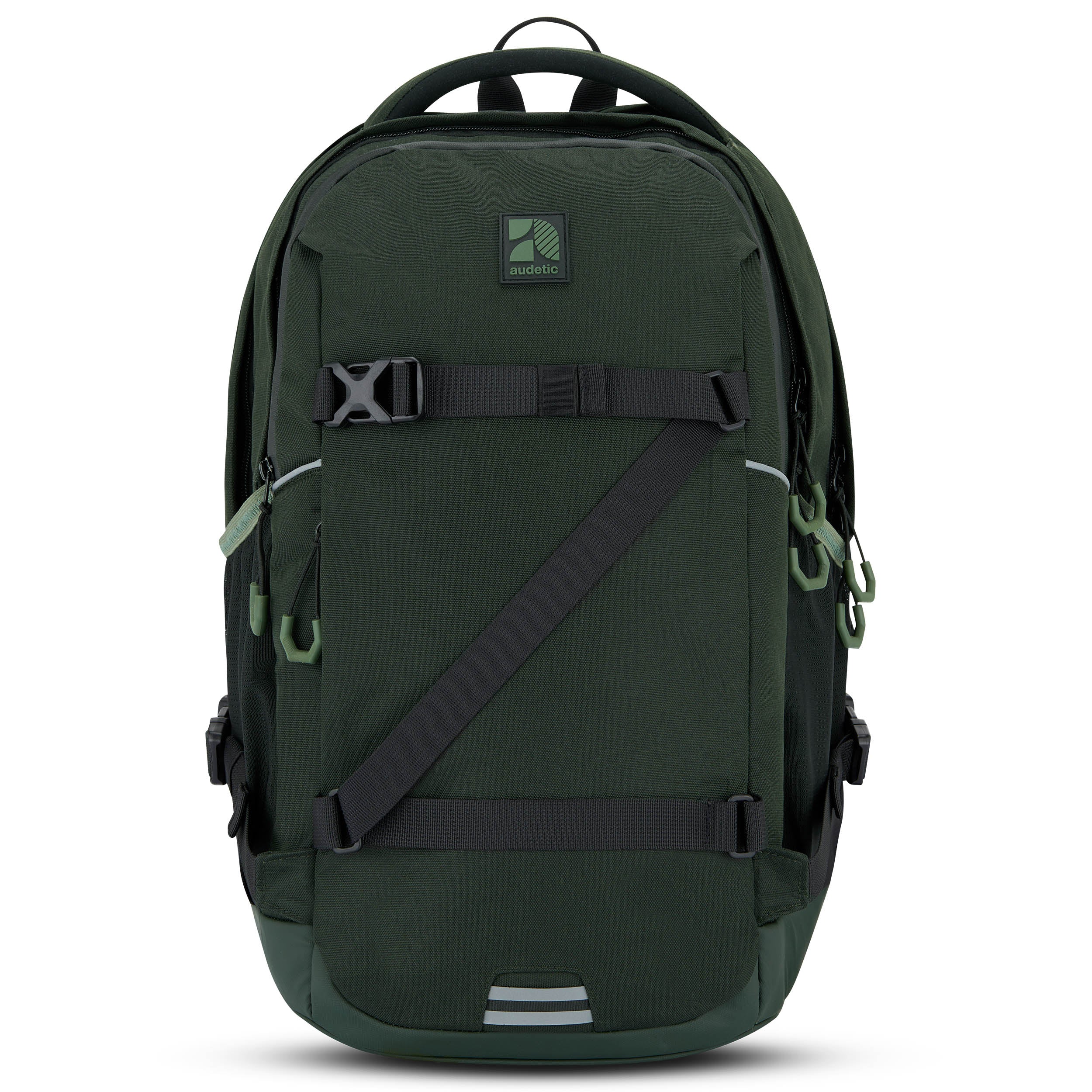 Dunkelgrüner Schulrucksack COSMO von Audetic mit schwarzen Riemen und mehreren Reißverschlüssen