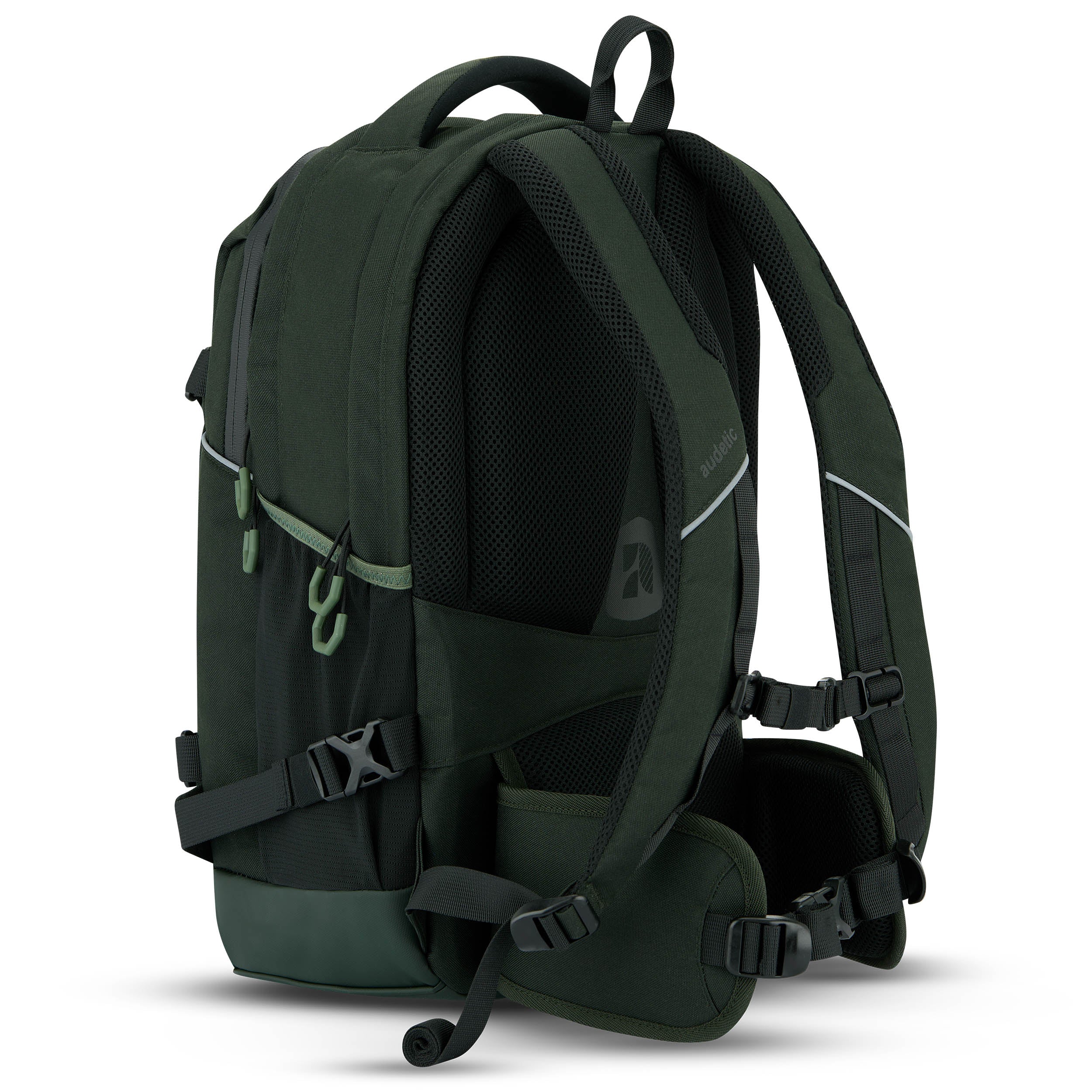 Grüner Schulrucksack COSMO von Audetic mit gepolsterten Schulterriemen, Hüftgurt und Reflektoren