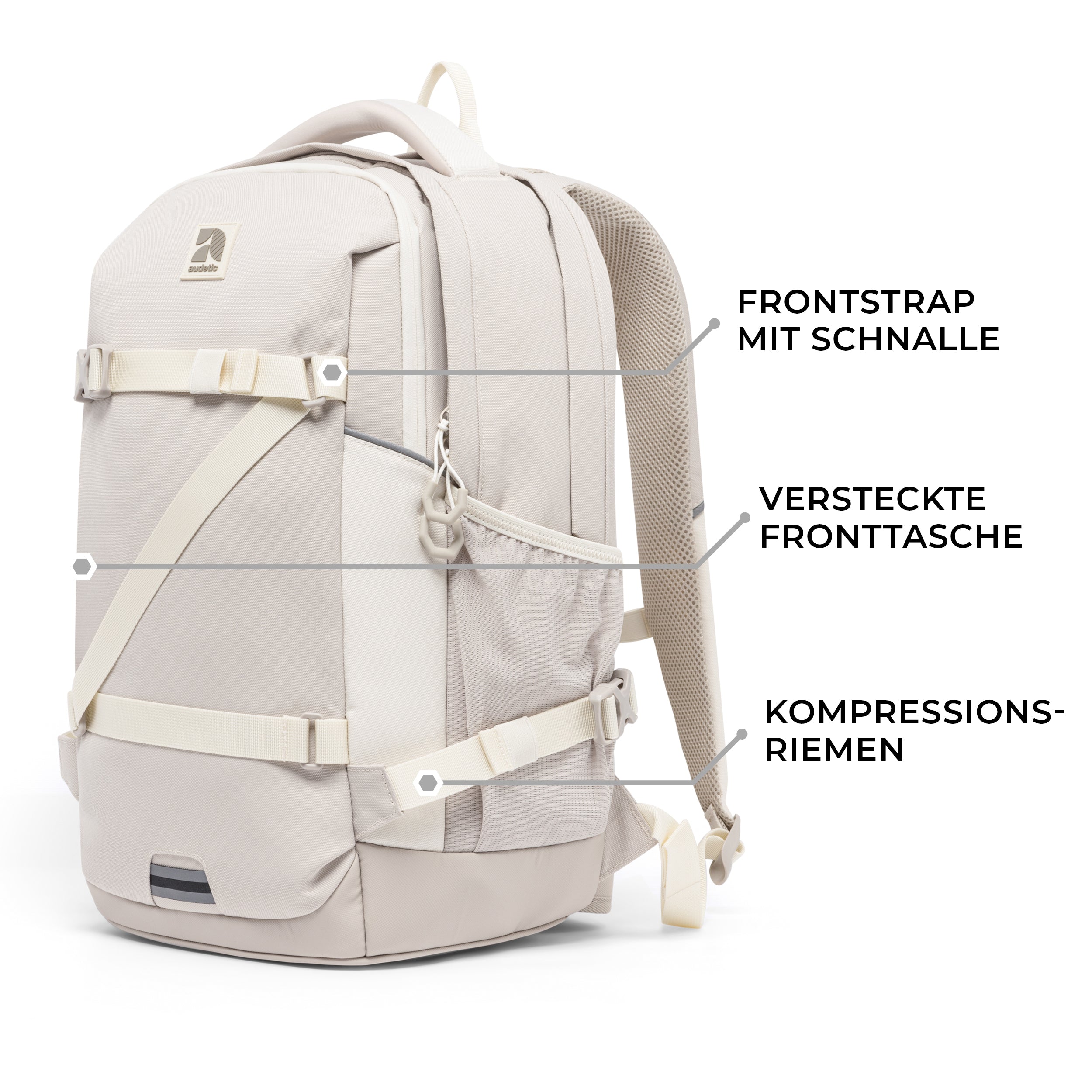 Schulrucksack COSMO in Sandfarbe mit Frontstrappe, versteckter Fronttasche und Kompressionsriemen