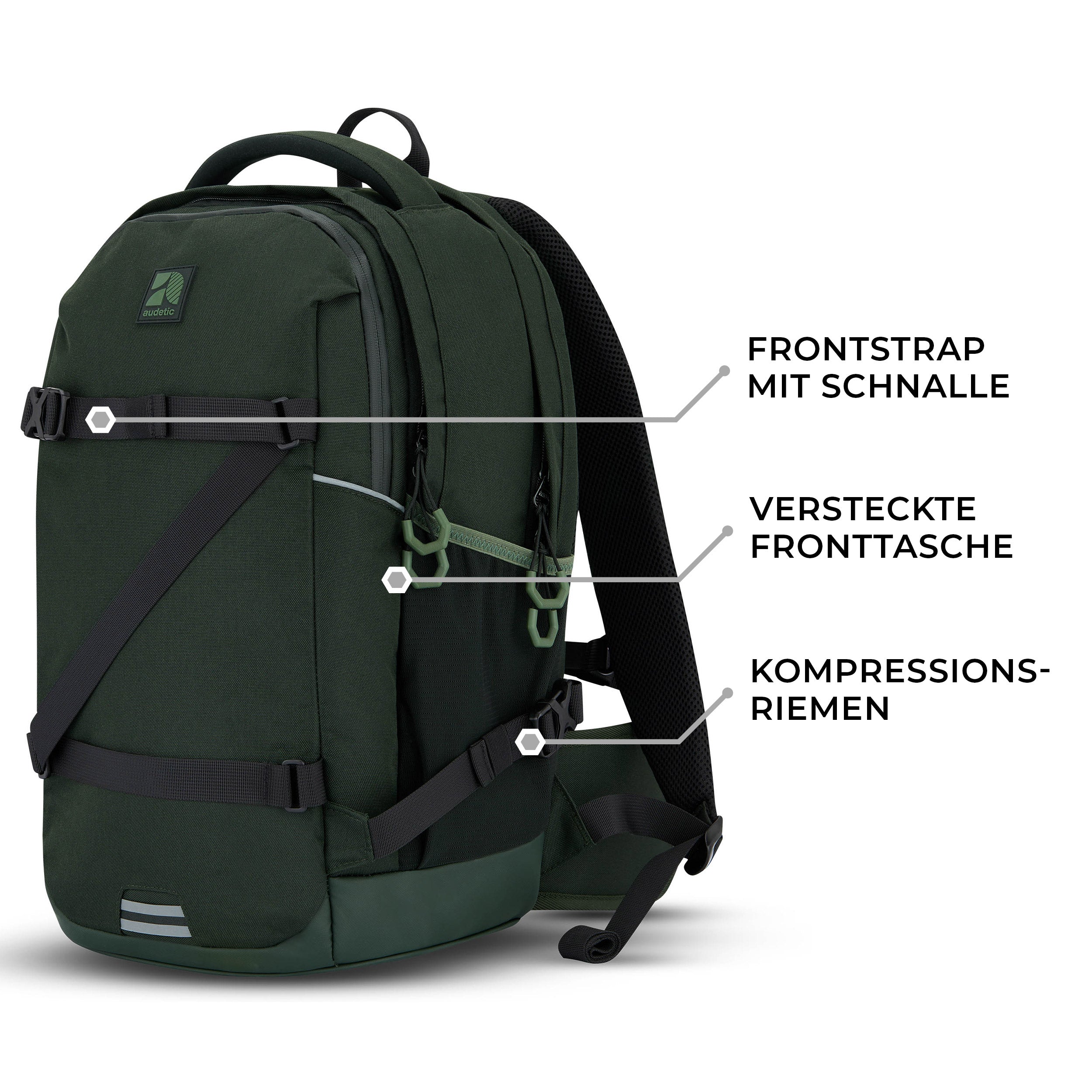 grüner Schulrucksack COSMO mit Frontstrapschnalle, versteckter Fronttasche und Kompressionsriemen
