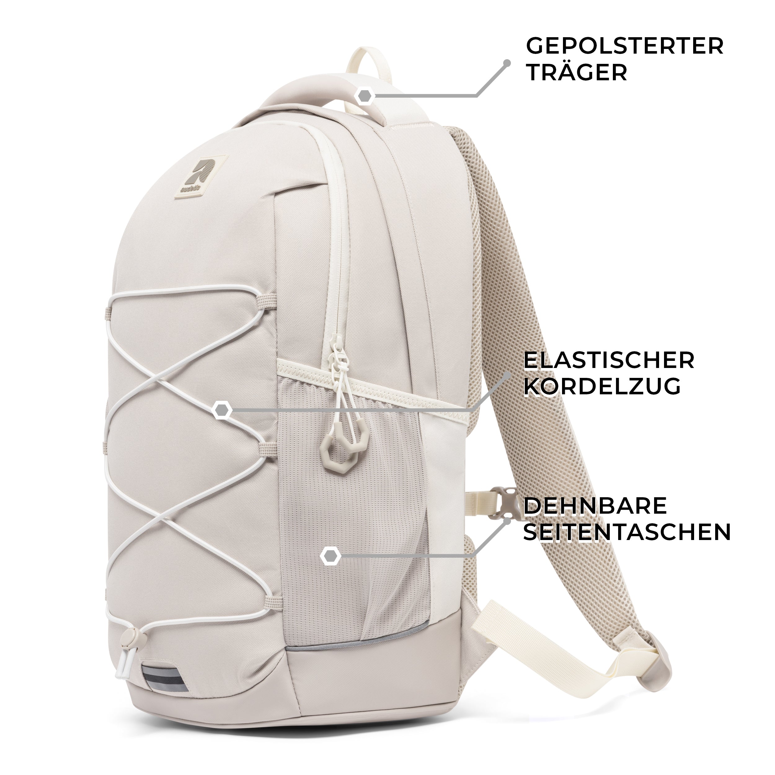 Sandfarbener Schulrucksack AERO mit gepolstertem Träger, elastischem Kordelzug und dehnbaren Seitentaschen