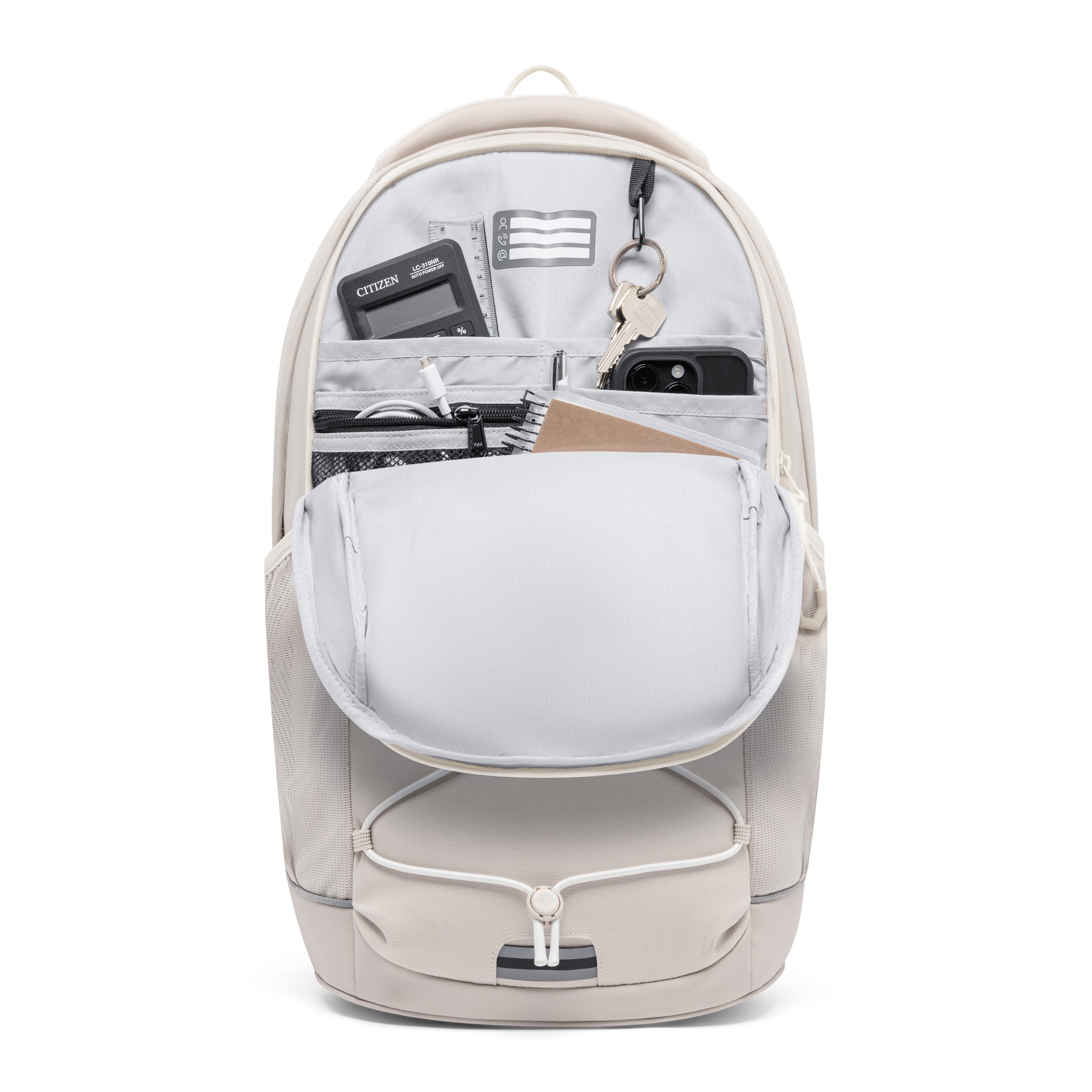 Offener sandfarbener Schulrucksack AERO mit Taschen für Taschenrechner, Schlüssel, Handy, Kabel und Notizbuch