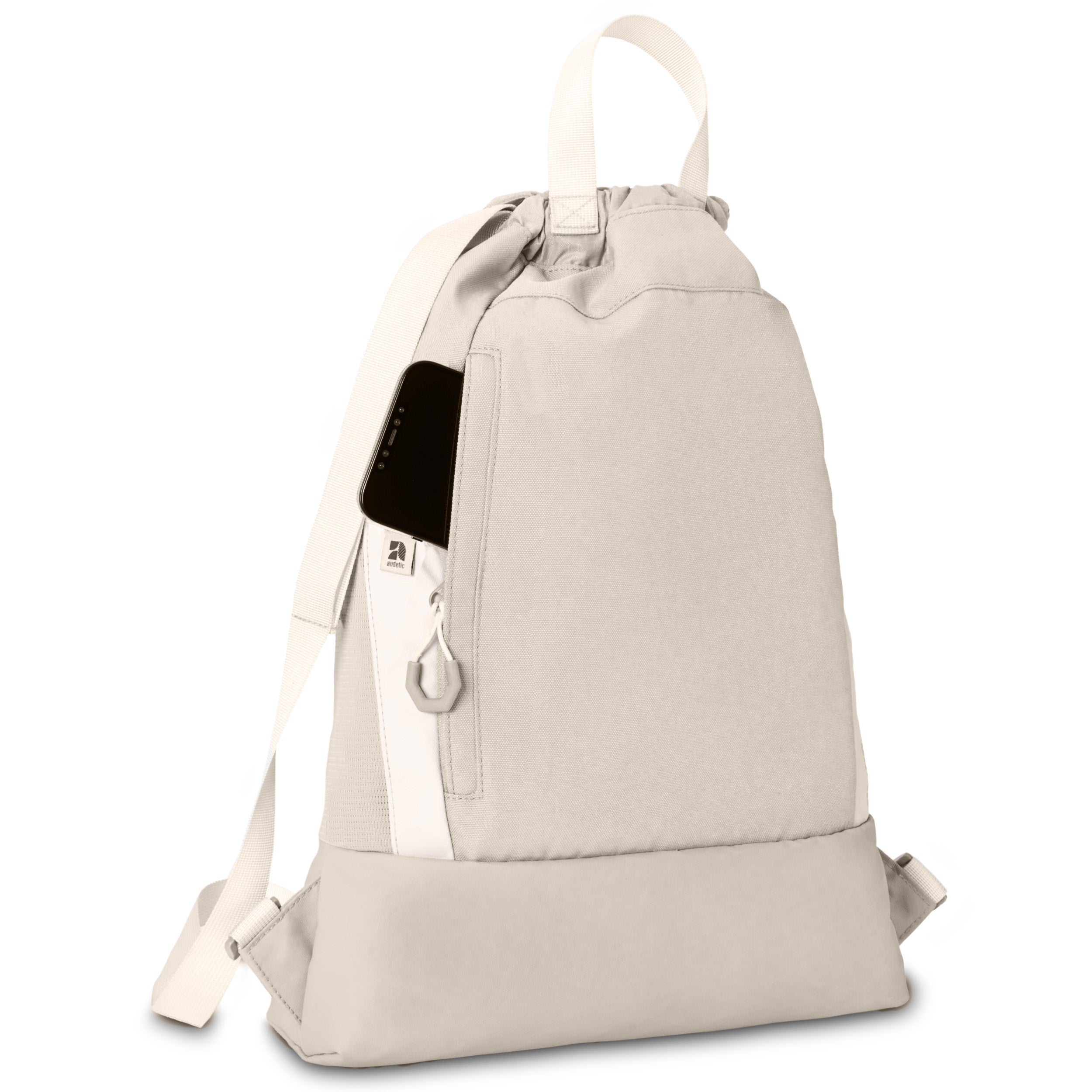 Beiger Turnbeutel FIT mit seitlicher Tasche und schwarzem Smartphone