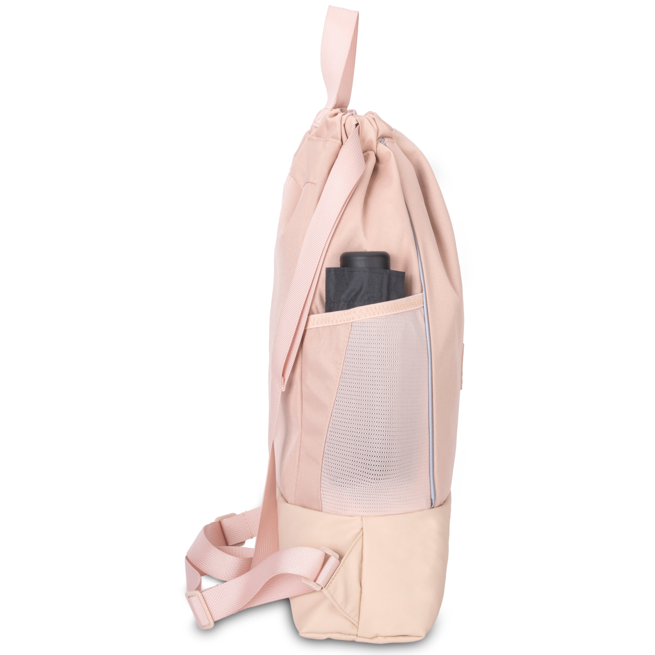 Rosa Turnbeutel FIT mit seitlicher Netztasche und verstellbaren Trägern, schwarze Flasche in Tasche