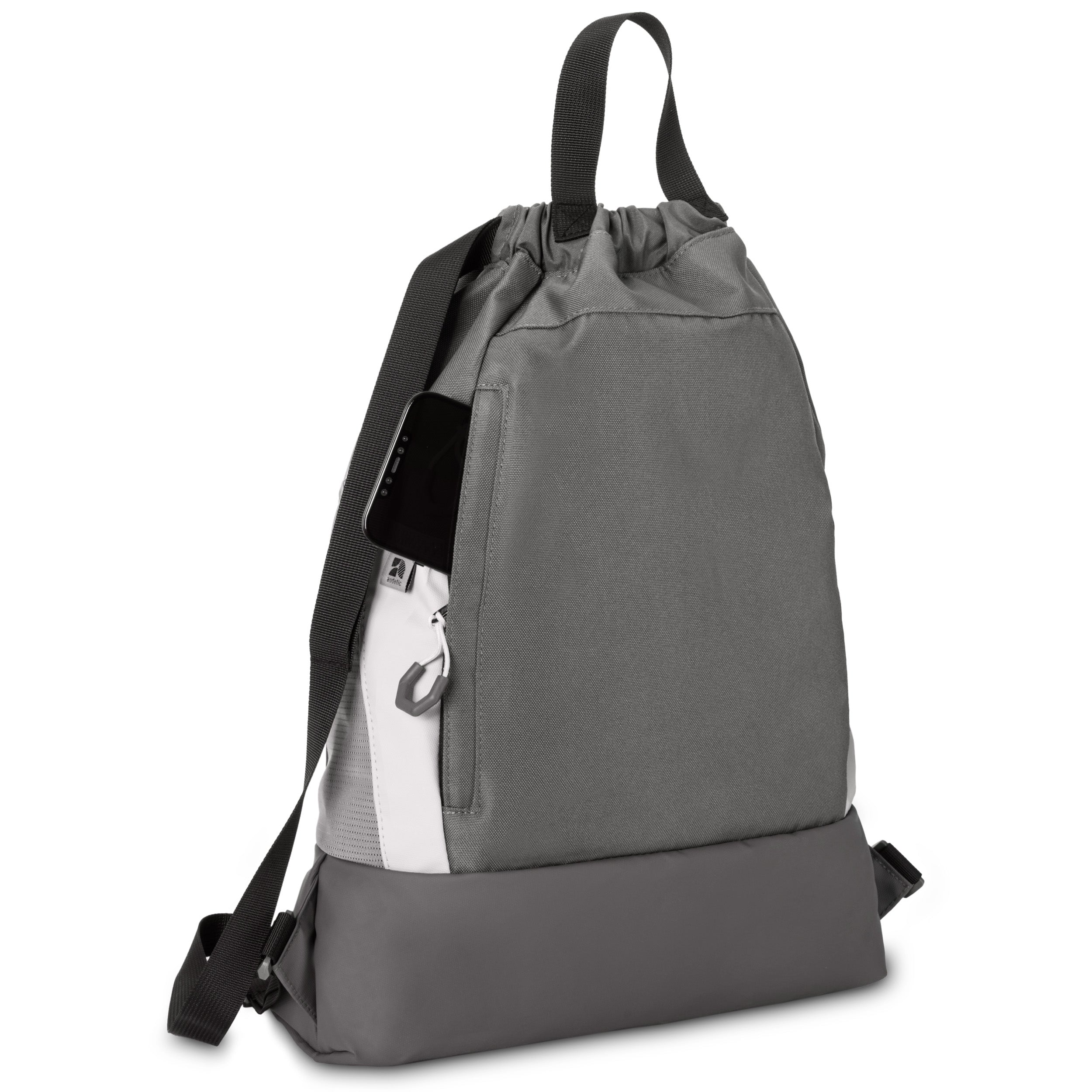 Dunkelgrauer Turnbeutel FIT von audetic mit seitlicher Tasche und verstellbaren Riemen