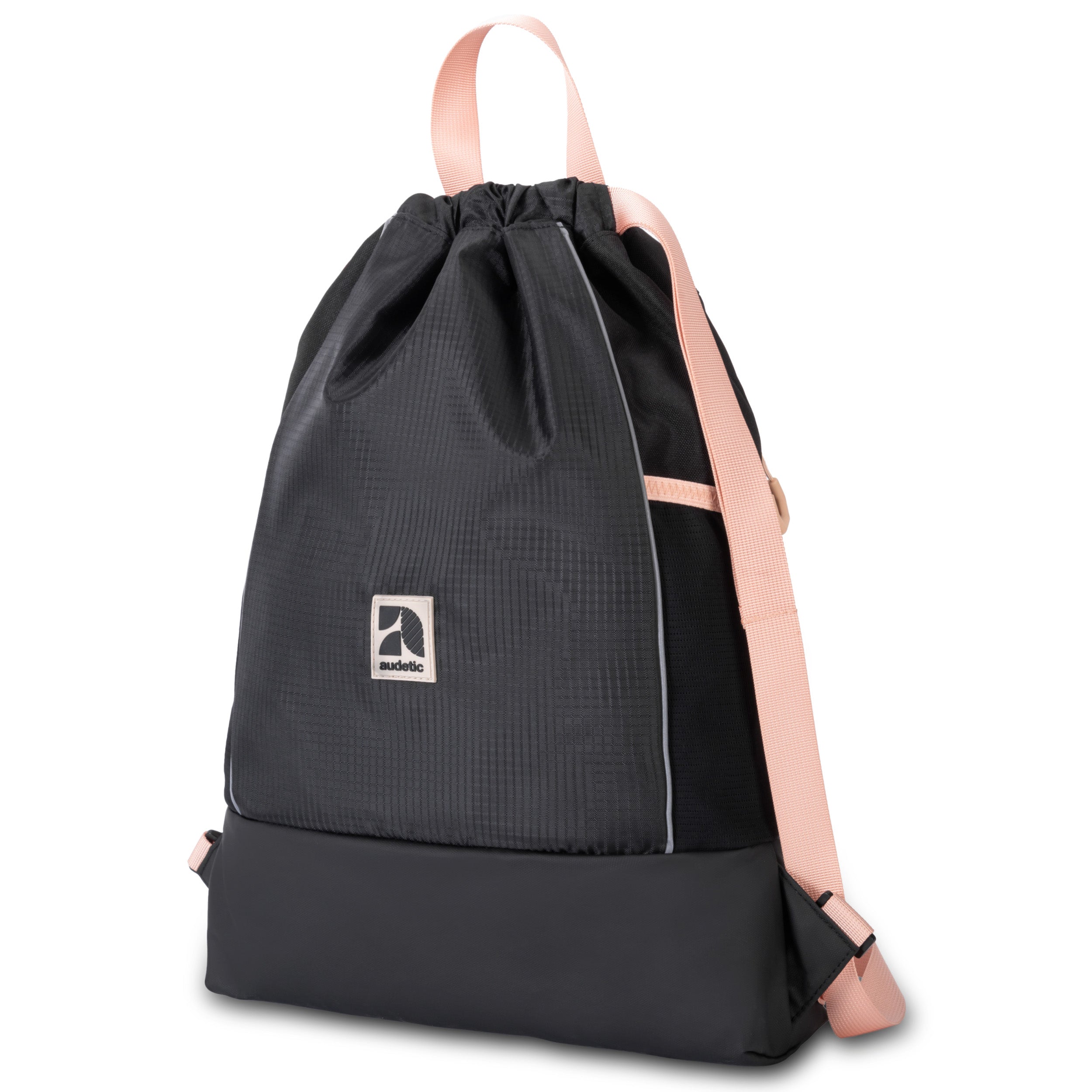 Schwarzer Turnbeutel FIT mit rosa Trägern und Markenlogo von audetic
