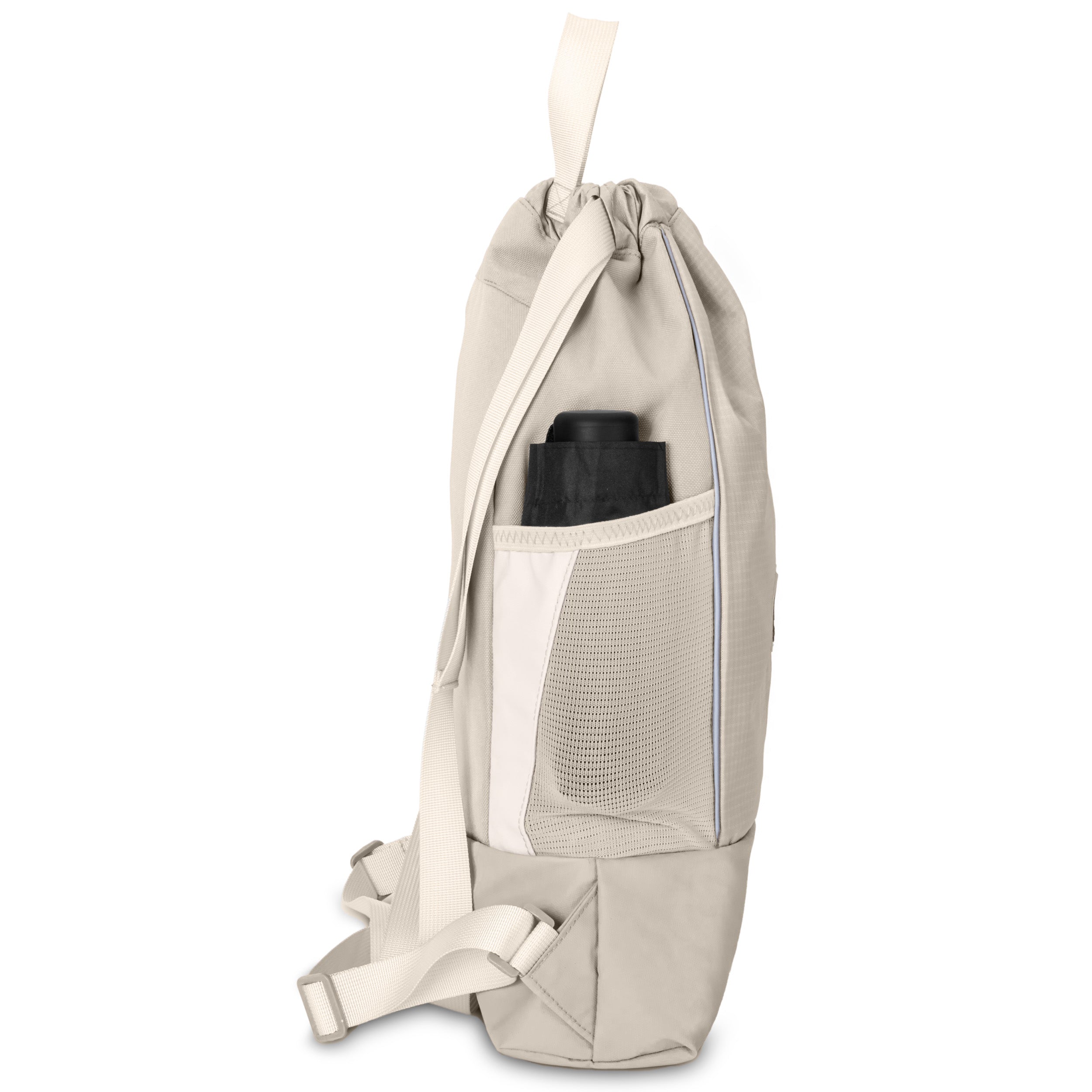 Beiger Turnbeutel FIT mit seitlicher Netztasche und verstellbaren Trägern, Flasche in der Tasche