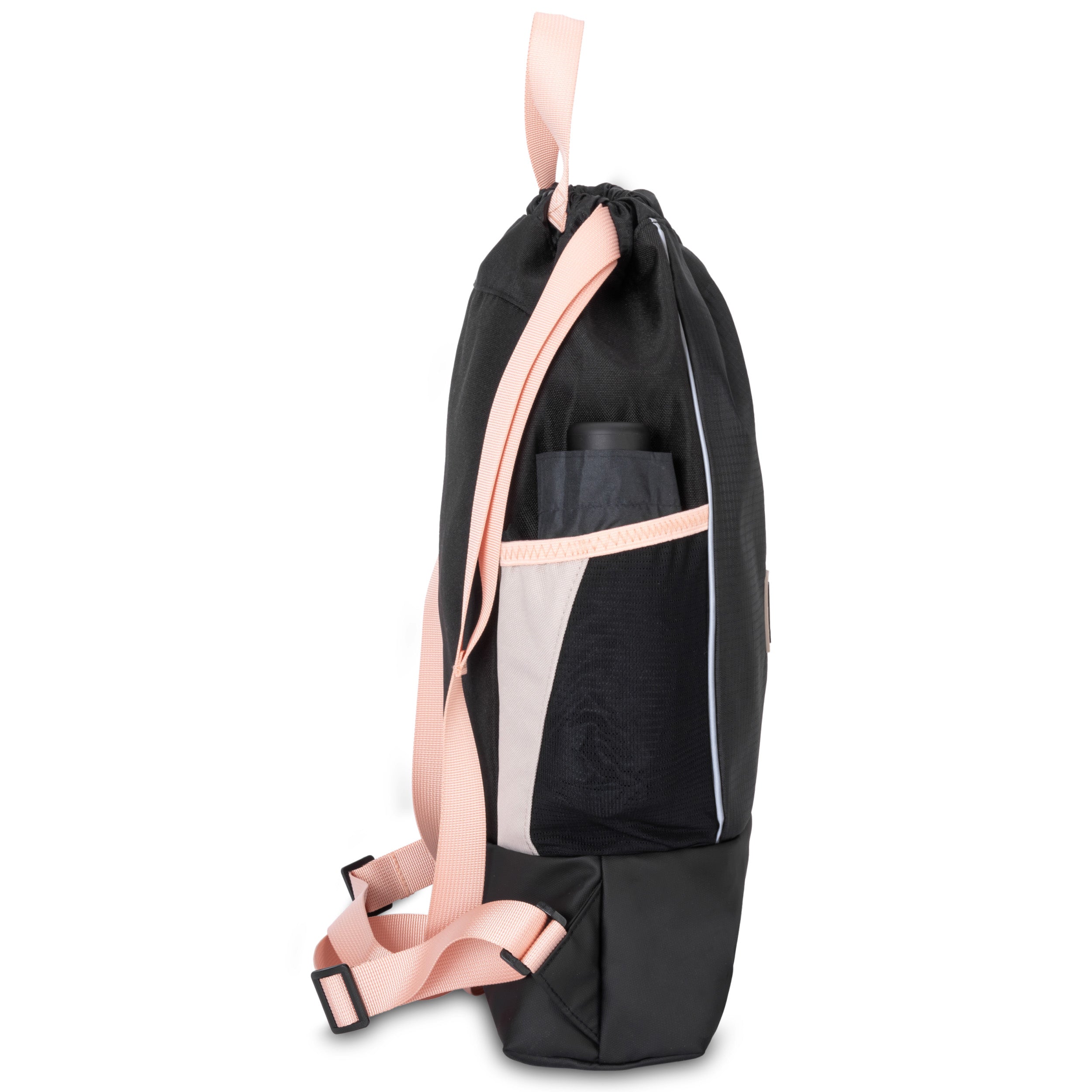 Turnbeutel FIT in Schwarz mit rosa Trägern und seitlicher Netztasche mit Flasche