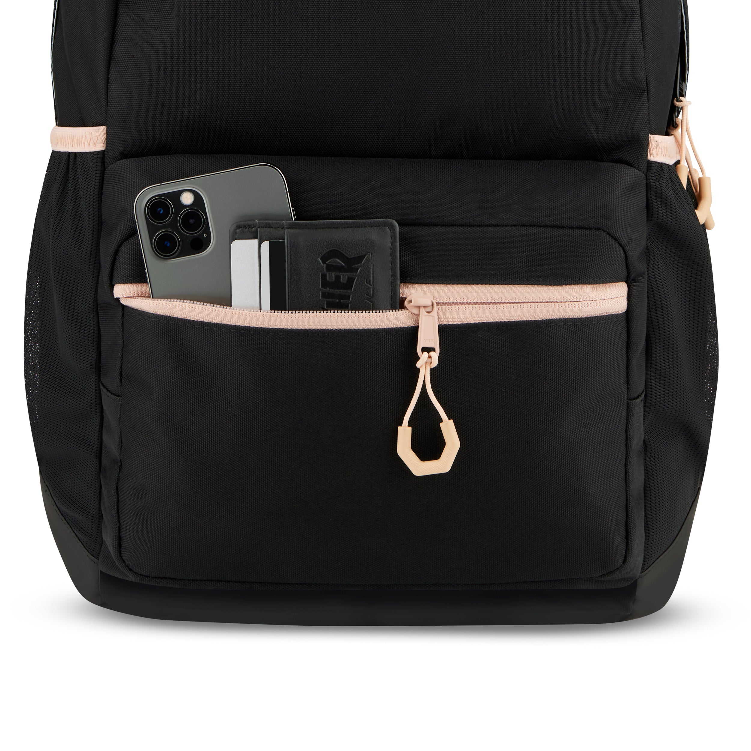 Schwarzer Schulrucksack FLEX mit Fronttasche, die ein Smartphone und eine Geldbörse mit zwei Karten enthält