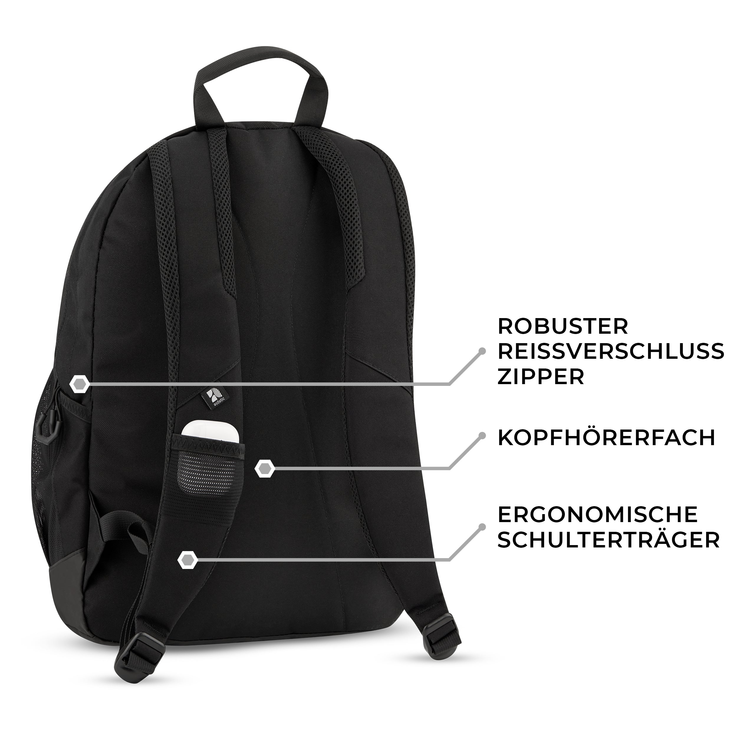 Schwarzer Schulrucksack FLEX mit robustem Reißverschluss, Kopfhörerfach und ergonomischen Schulterträgern, Rückseite sichtbar