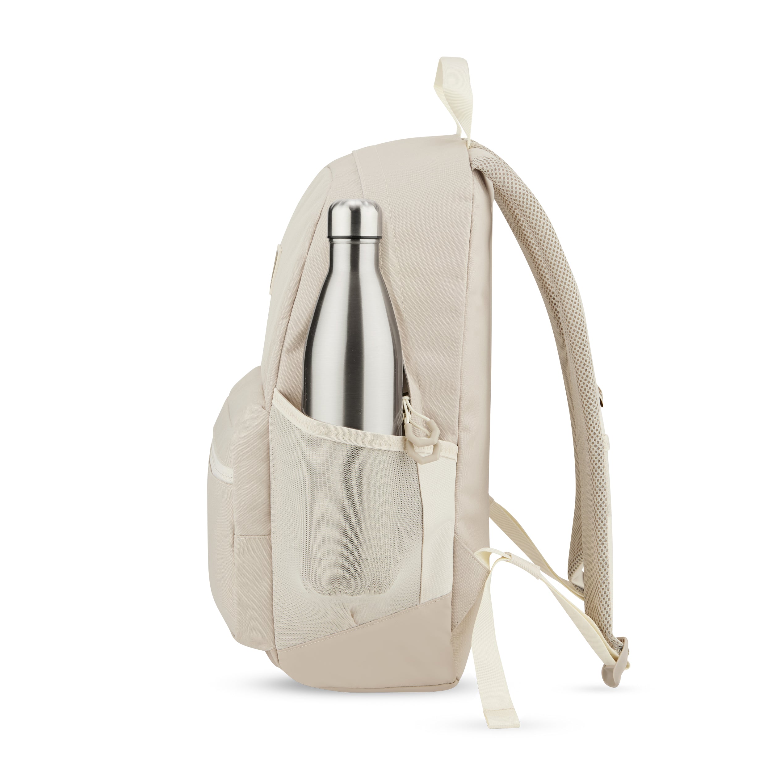 Beiger Schulrucksack FLEX mit seitlicher Netzaußentasche und silberner Trinkflasche