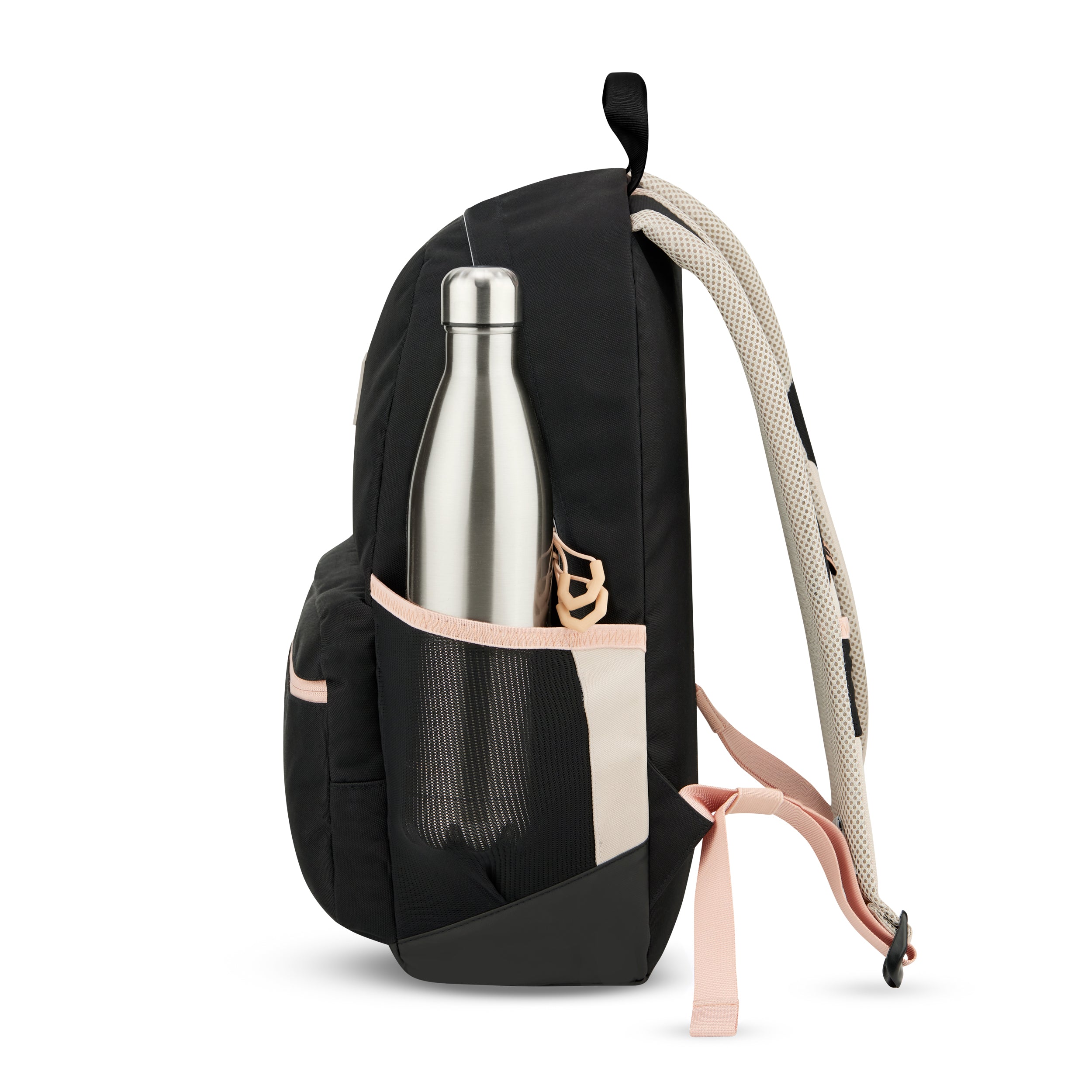 Schulrucksack FLEX in Schwarz mit seitlicher Netztasche, in der eine silberne Trinkflasche steht