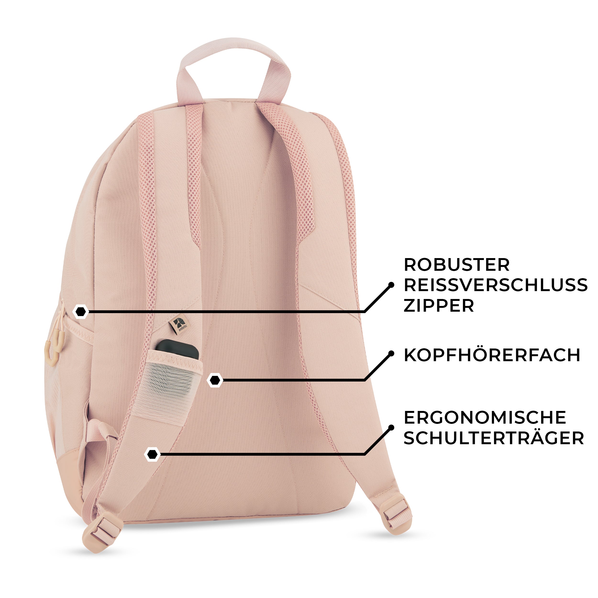 Rückseite des rosa FLEX Schulrucksacks mit robustem Reißverschluss, Kopfhörerfach und ergonomischen Schulterträgern