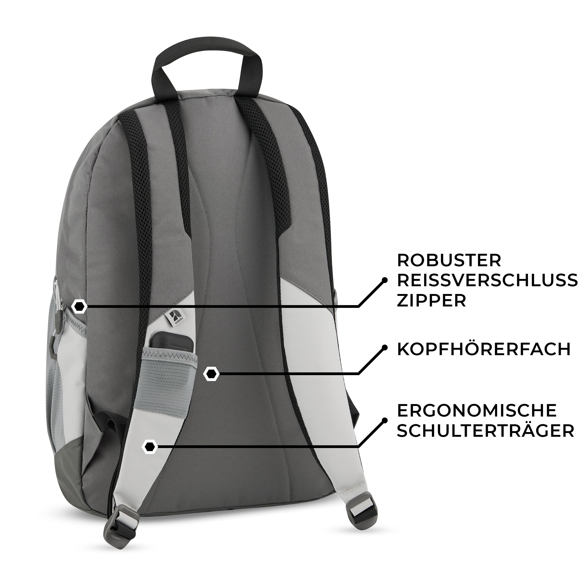 Grauer Schulrucksack FLEX mit robustem Reißverschluss, Kopfhörerfach und ergonomischen Schulterträgern