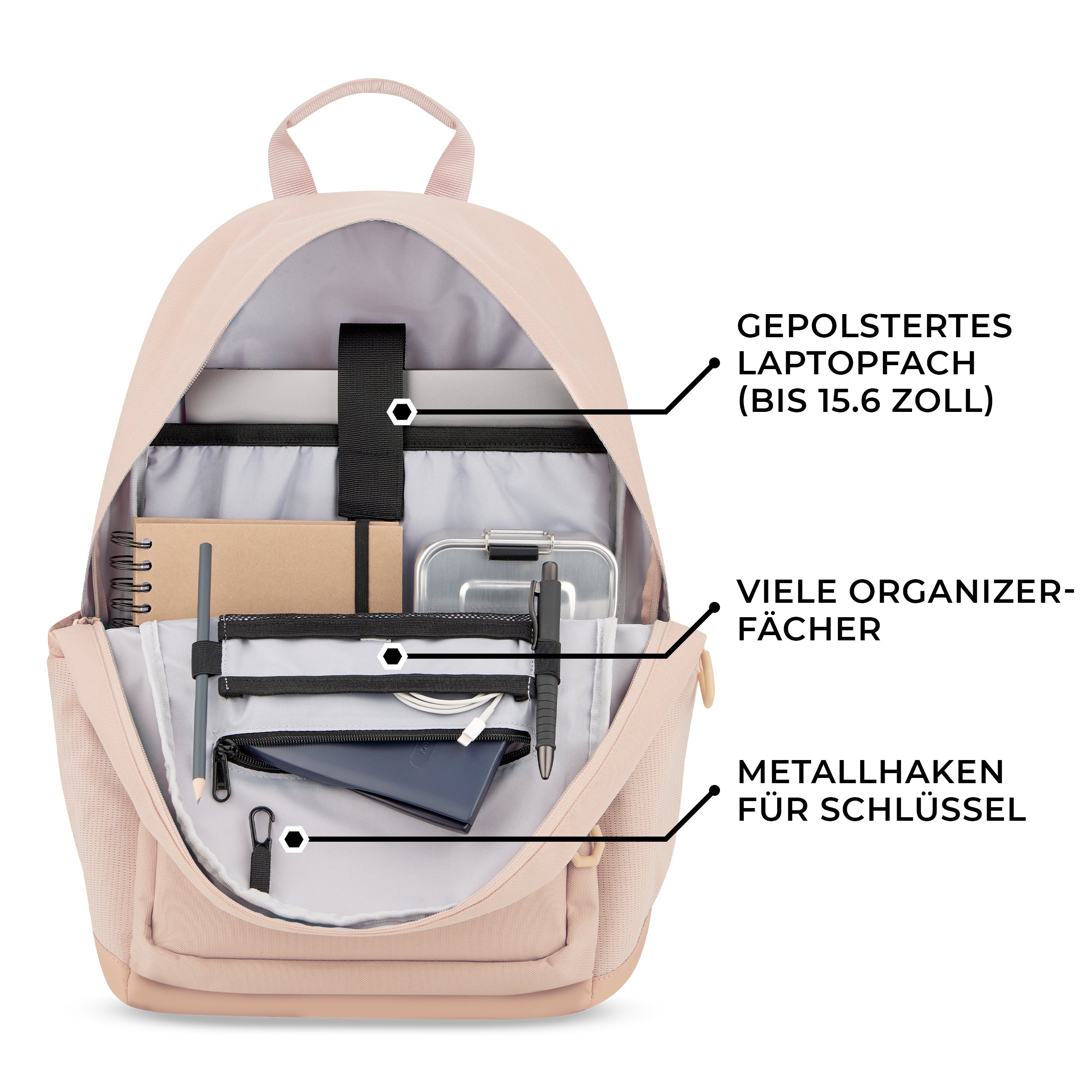 Schulrucksack FLEX rosa mit geöffnetem Hauptfach, gepolstertem Laptopfach bis 15,6 Zoll, vielen Organizer-Fächern und Metallhaken für Schlüssel