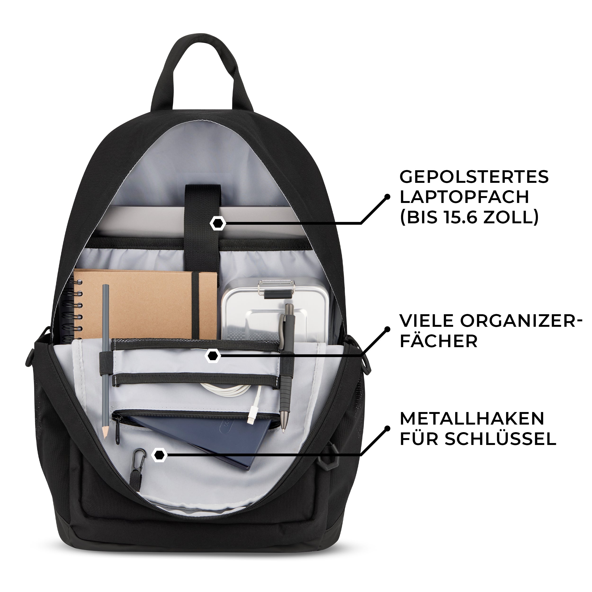 Schwarzer Schulrucksack FLEX mit geöffnetem Hauptfach, gepolstertem Laptopfach bis 15,6 Zoll, vielen Organizerfächern und Metallhaken für Schlüssel
