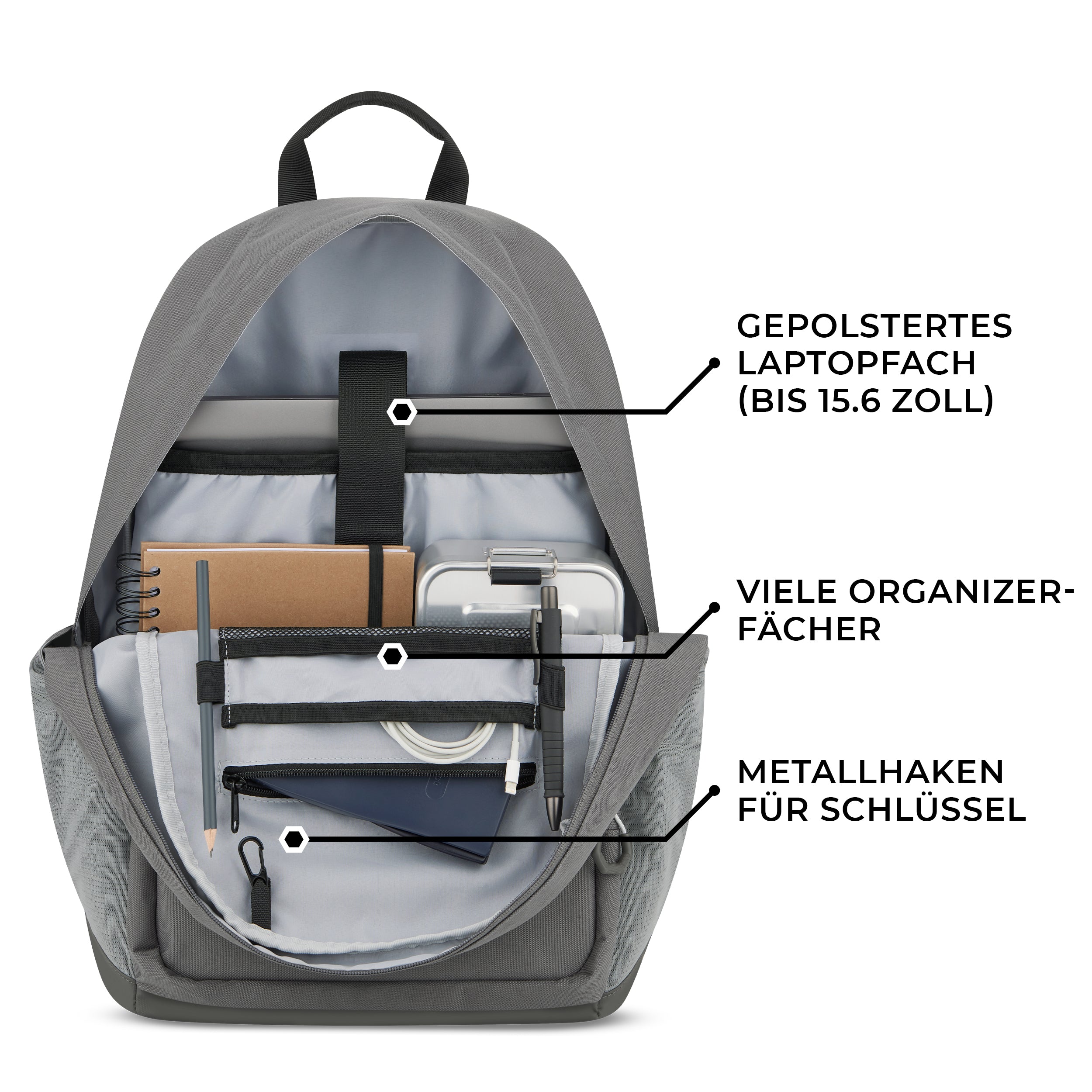 Grauer Schulrucksack FLEX mit gepolstertem Laptopfach bis 15,6 Zoll, vielen Organizerfächern und Metallhaken für Schlüssel