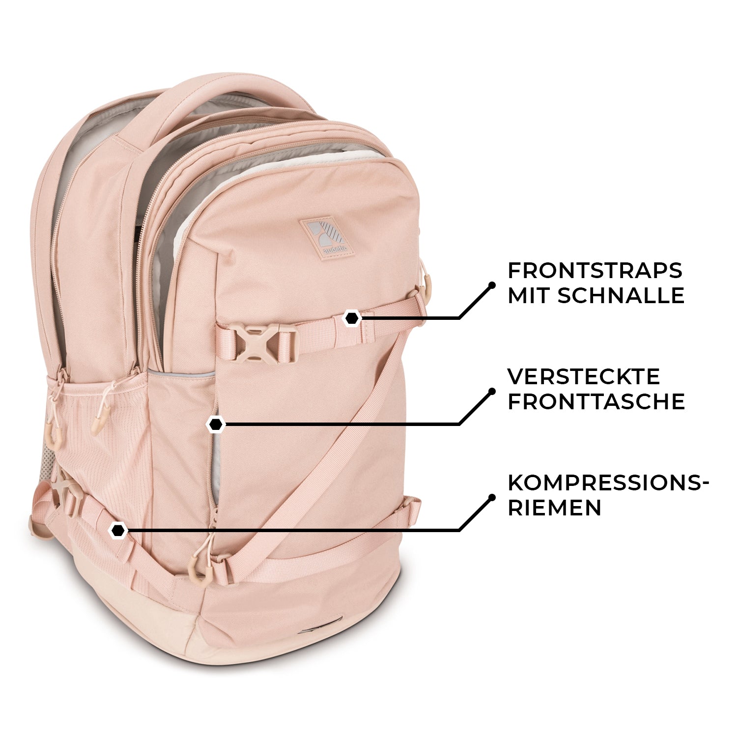 Rosa Schulrucksack COSMO mit Frontstraps mit Schnalle, versteckter Fronttasche und Kompressionsriemen