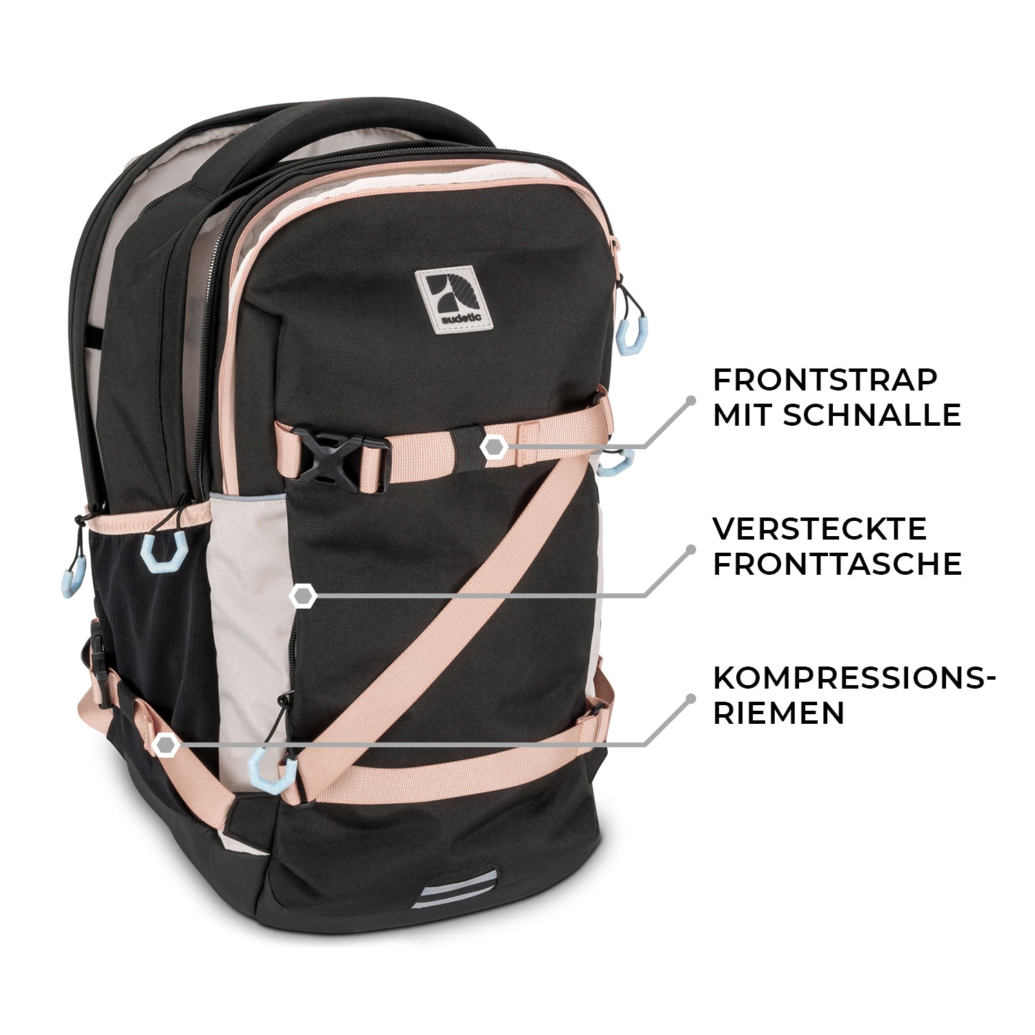 Schulrucksack COSMO in Schwarz mit hellrosa Frontstrappe, versteckter Fronttasche und Kompressionsriemen