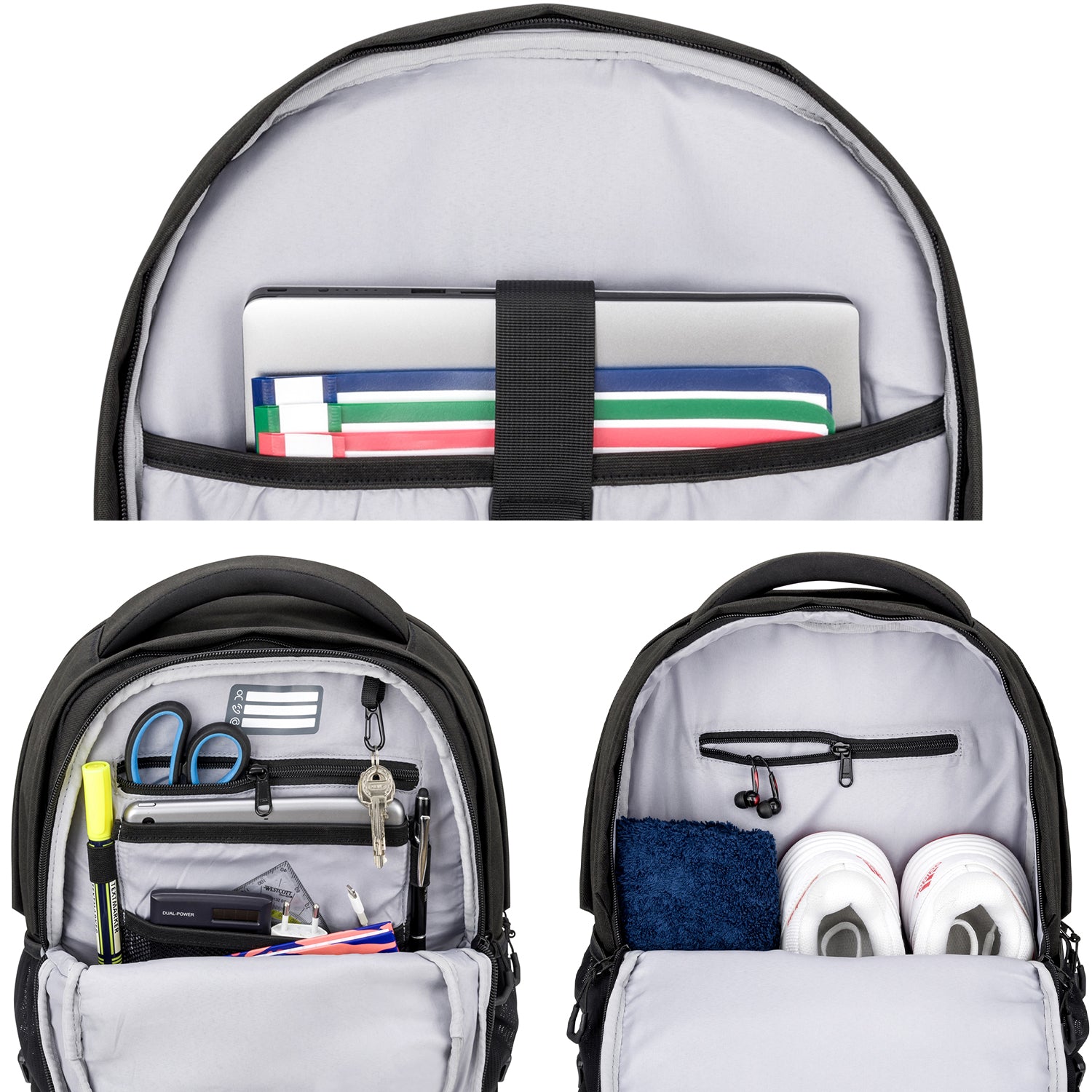 Schwarzer Schulrucksack COSMO mit Laptop und Ordnern im Hauptfach, organisiert mit Stiften, Schere, Schlüssel und Ladegerät im Frontfach, und Sportkleidung mit Schuhen im zweiten Fach