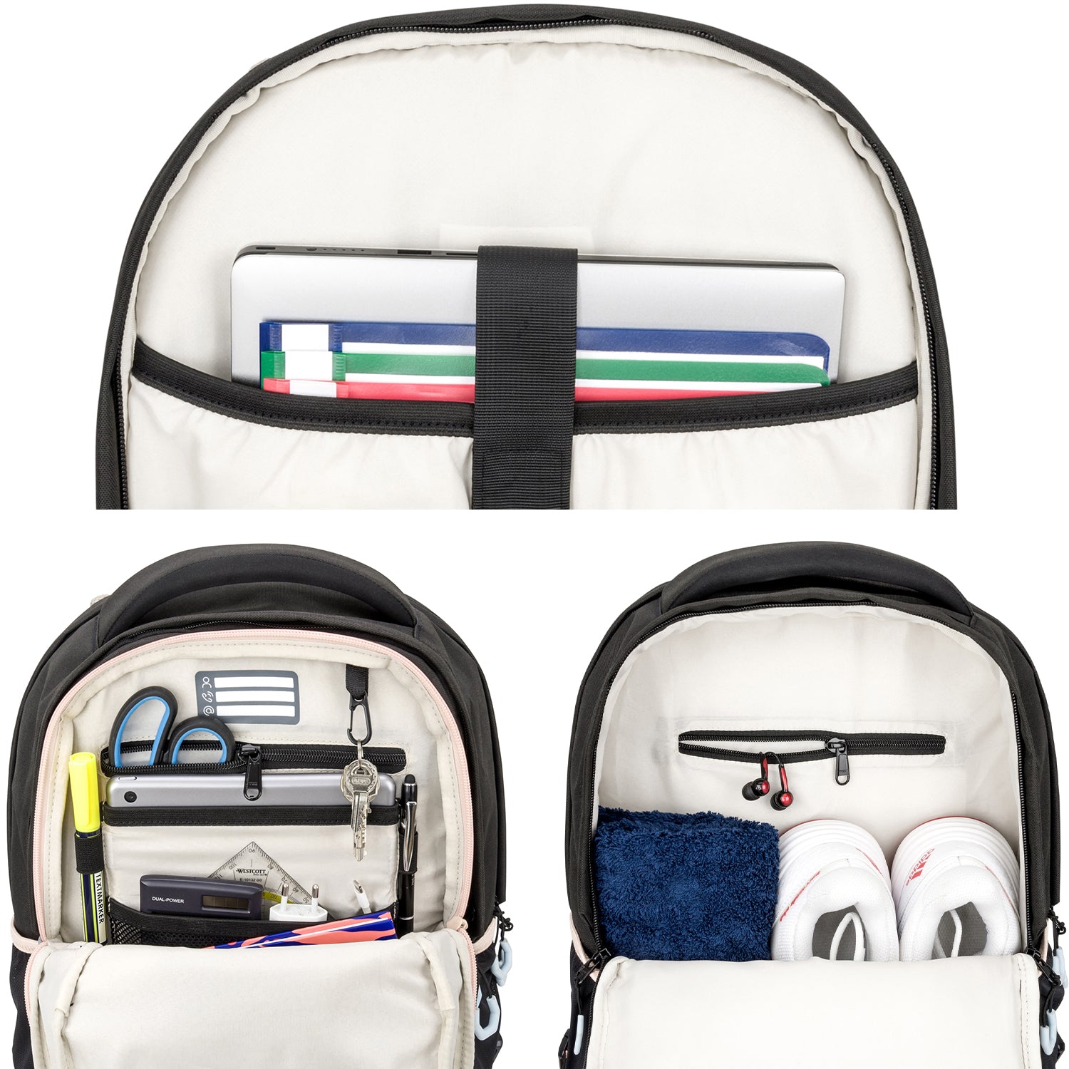 Innenansichten des Schulrucksacks COSMO mit Fächern für Laptop, Hefte, Schere, Schlüssel, Lineal, Stifte, Kopfhörer, Handtuch und Turnschuhe