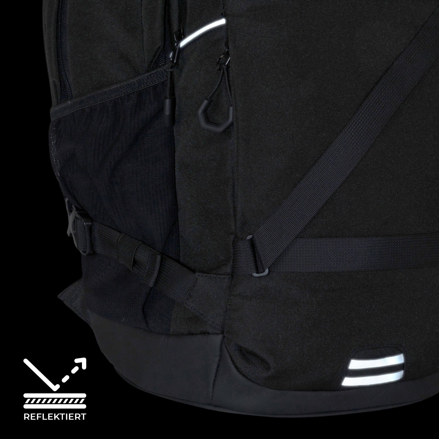 Schwarzer COSMO Schulrucksack mit reflektierenden Elementen und verstellbaren Trägern