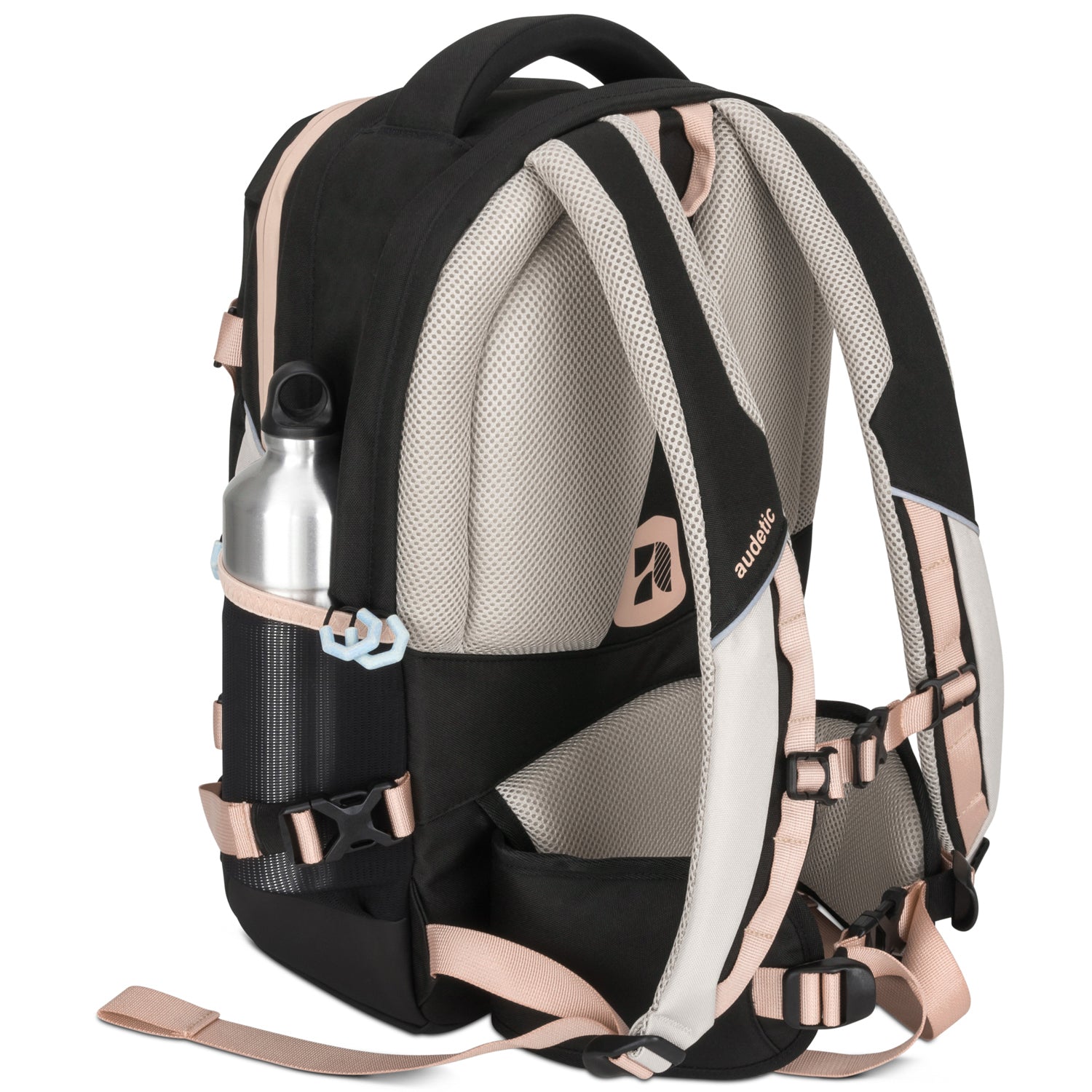 Rückseite des schwarzen und rosa Schulrucksacks COSMO mit gepolsterten, atmungsaktiven Trägern und seitlicher Metalltrinkflasche