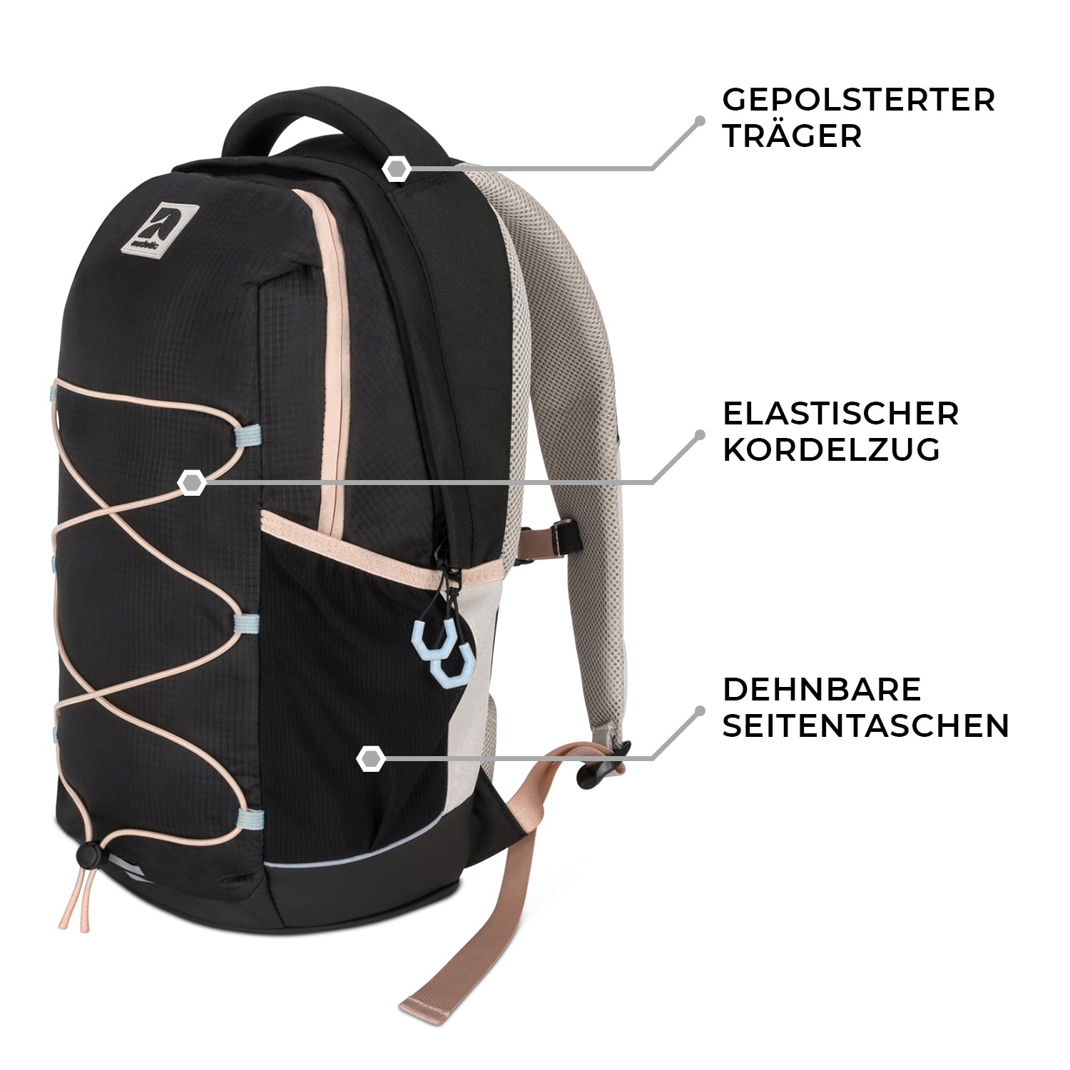 Schwarzer Schulrucksack AERO mit rosa Details, gepolstertem Träger, elastischem Kordelzug und dehnbaren Seitentaschen