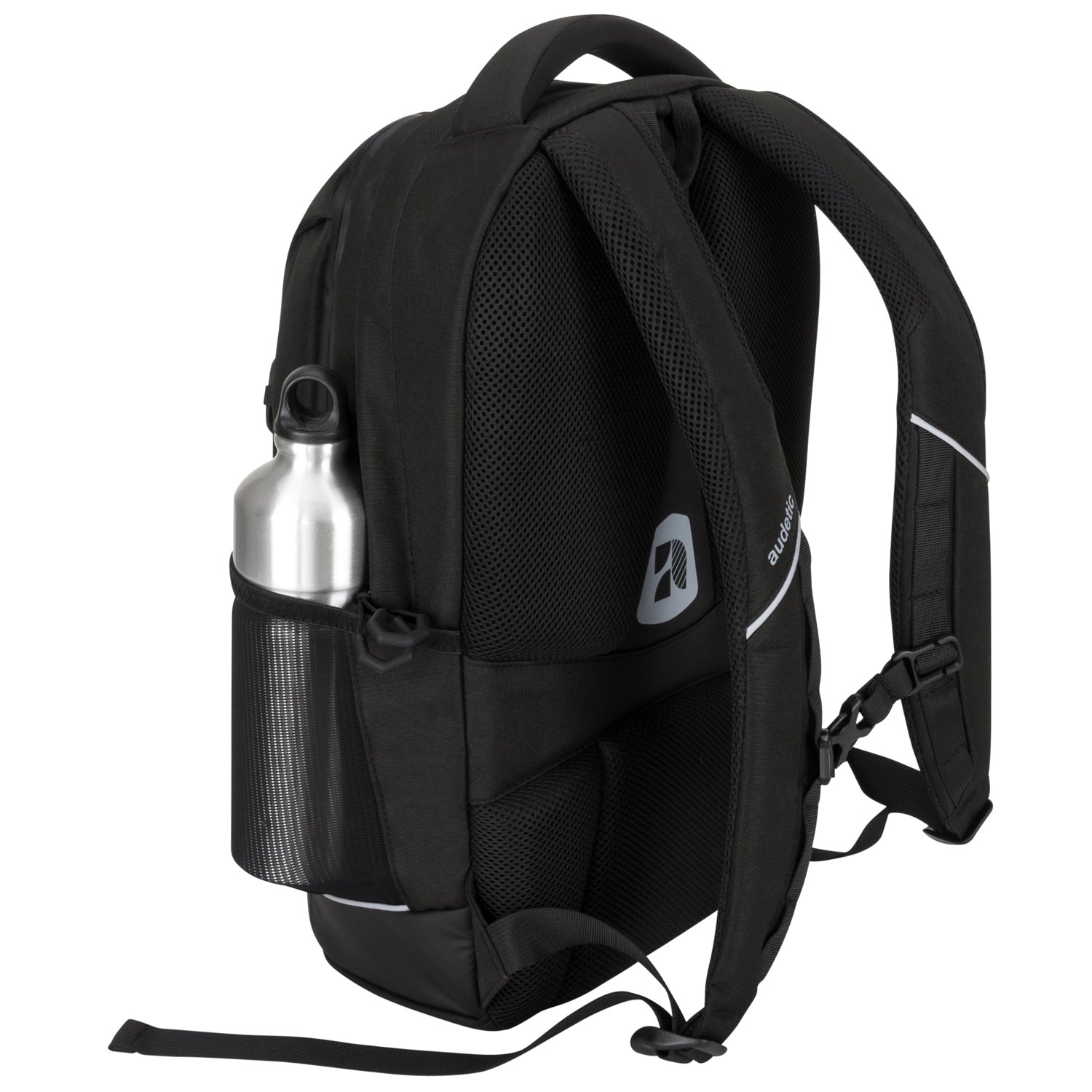 Schwarzer Schulrucksack AERO mit gepolsterten Rücken- und Schultergurten, seitlicher Netztasche mit Aluminiumflasche