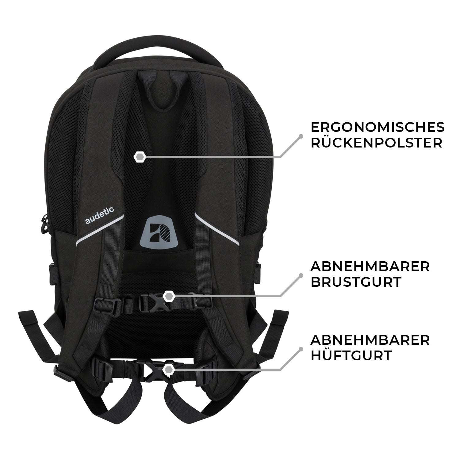Schwarzer Schulrucksack COSMO von audetic mit ergonomischem Rückenpolster, abnehmbarem Brustgurt und abnehmbarem Hüftgurt
