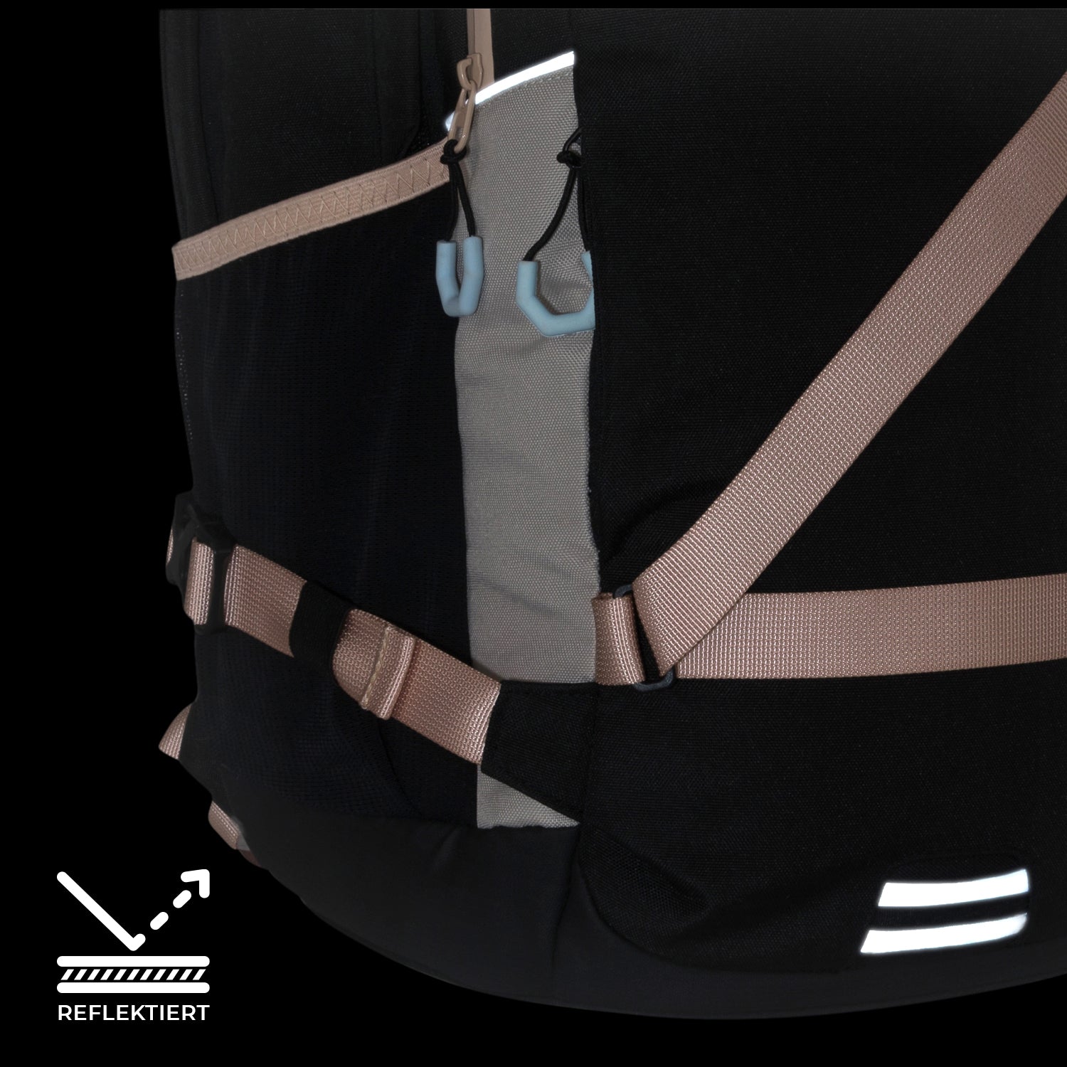 Unterer Bereich des Schulrucksacks COSMO mit beigen Gurten und reflektierenden Elementen