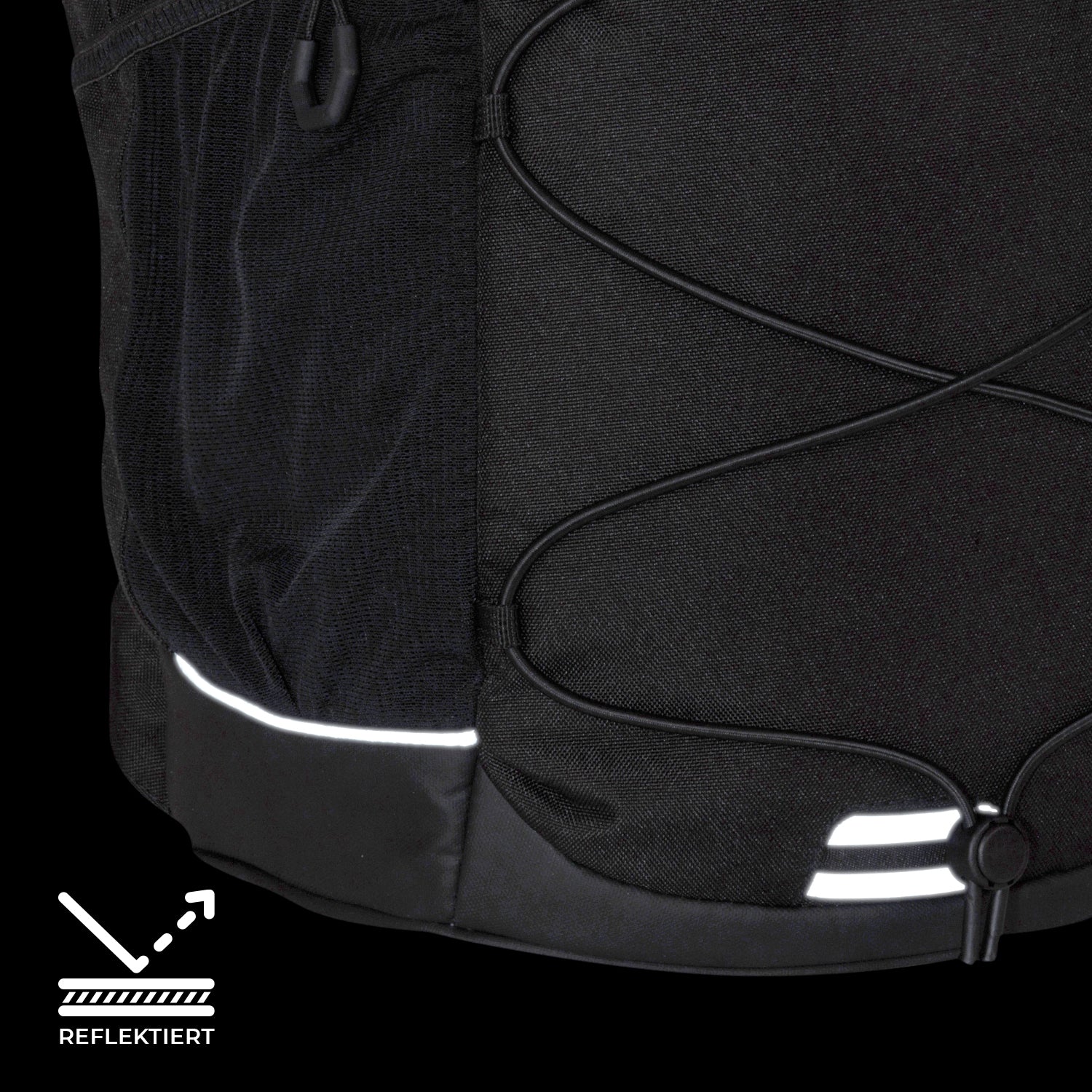 Nahaufnahme eines schwarzen Schulrucksacks AERO mit reflektierenden Streifen am unteren Rand