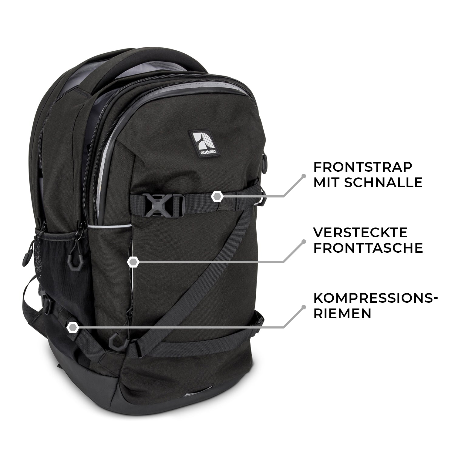 Schwarzer Schulrucksack COSMO mit Frontstrappe, versteckter Fronttasche und Kompressionsriemen