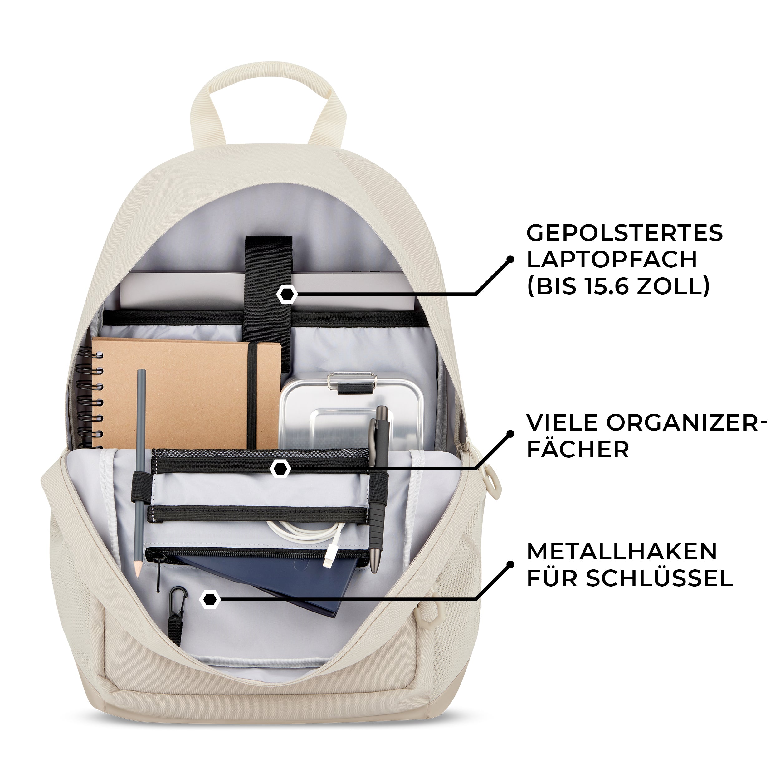 Geöffneter heller Schulrucksack FLEX mit gepolstertem Laptopfach bis 15,6 Zoll, vielen Organizerfächern und Metallhaken für Schlüssel