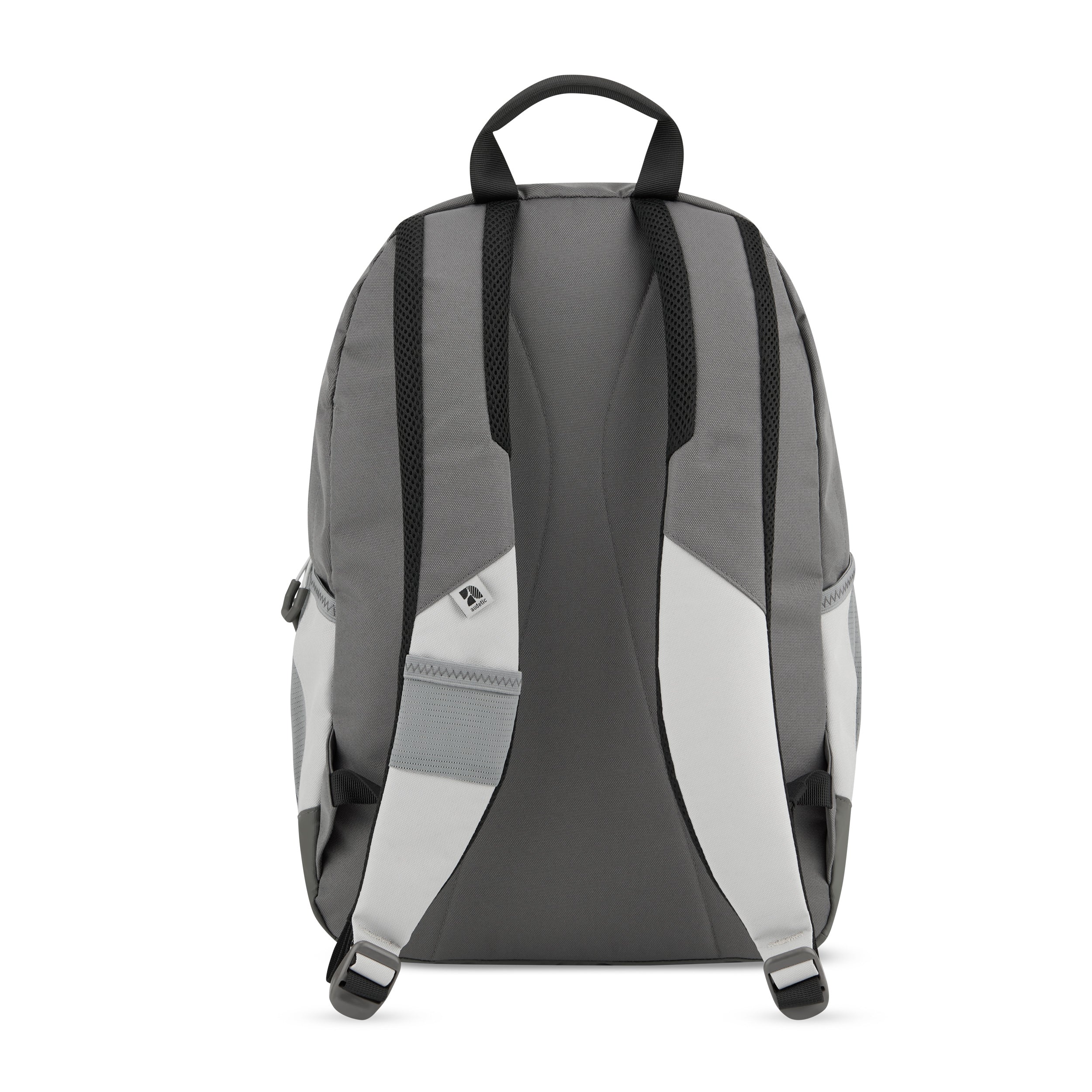 Rückseite des grauen Schulrucksacks FLEX mit gepolsterten verstellbaren Schultergurten und Tragegriff