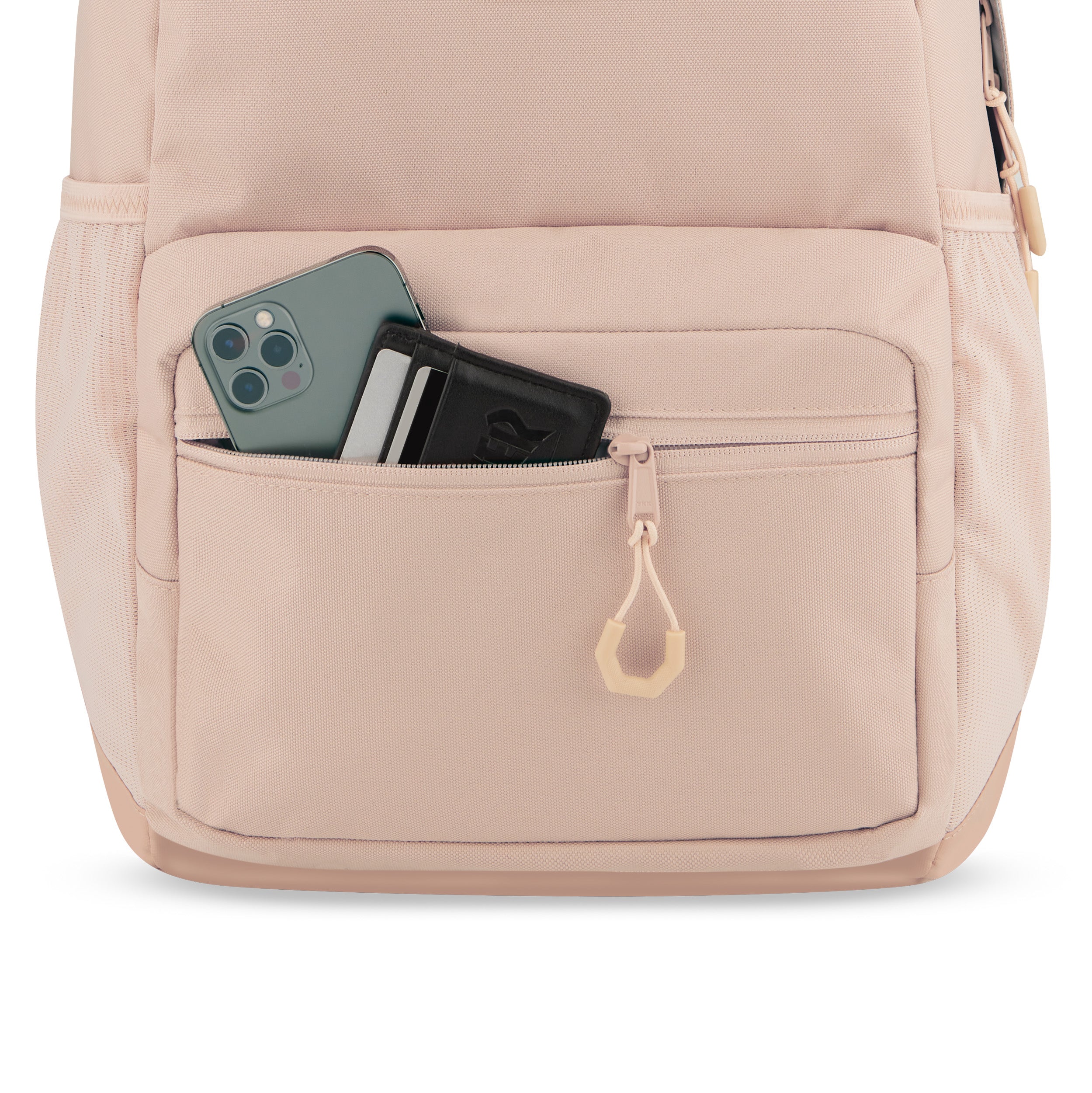 Rosa Schulrucksack FLEX mit vorderer Reißverschlusstasche, darin Smartphone und schwarzes Portemonnaie