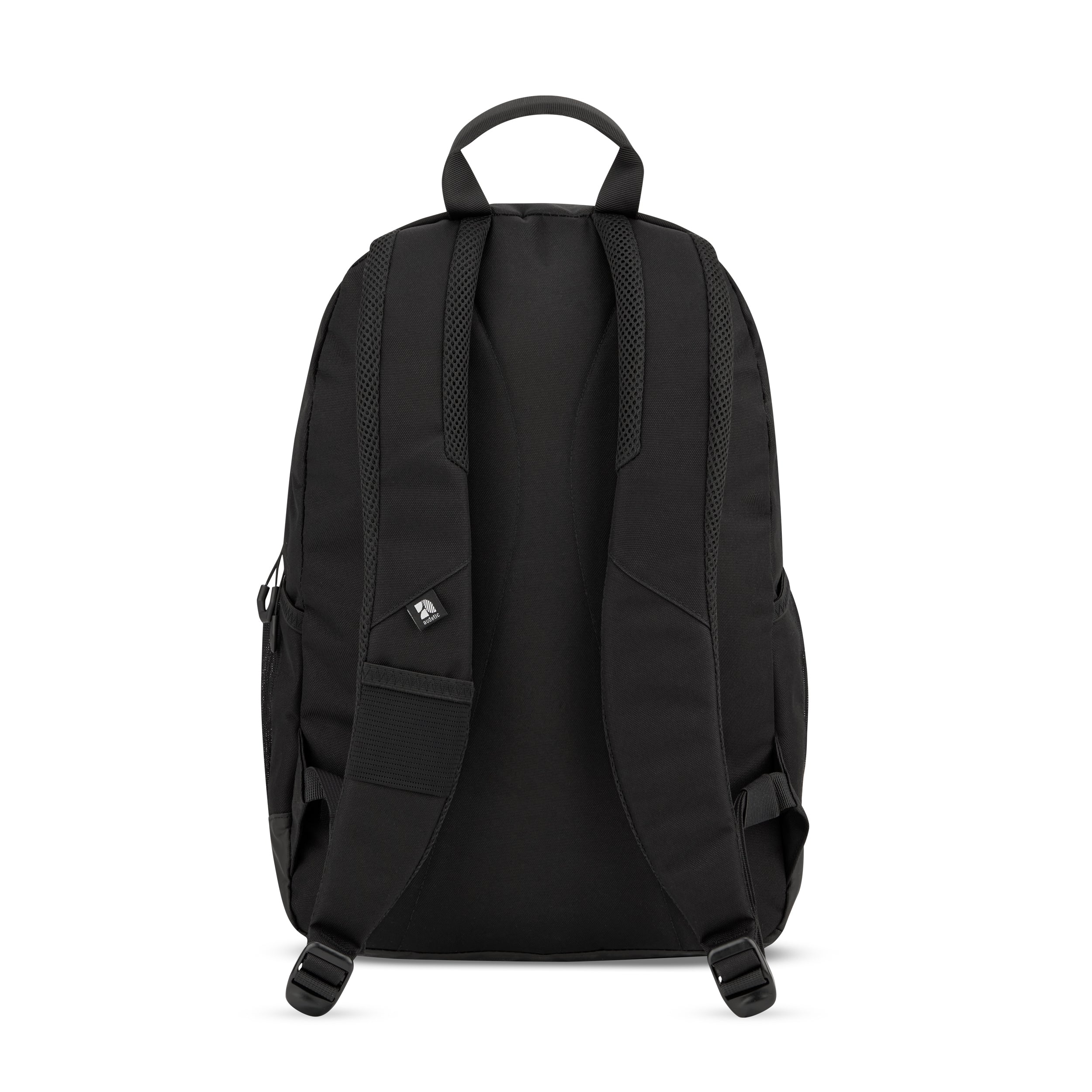 Schwarzer Schulrucksack FLEX von hinten mit gepolsterten Trägern und Trageschlaufe