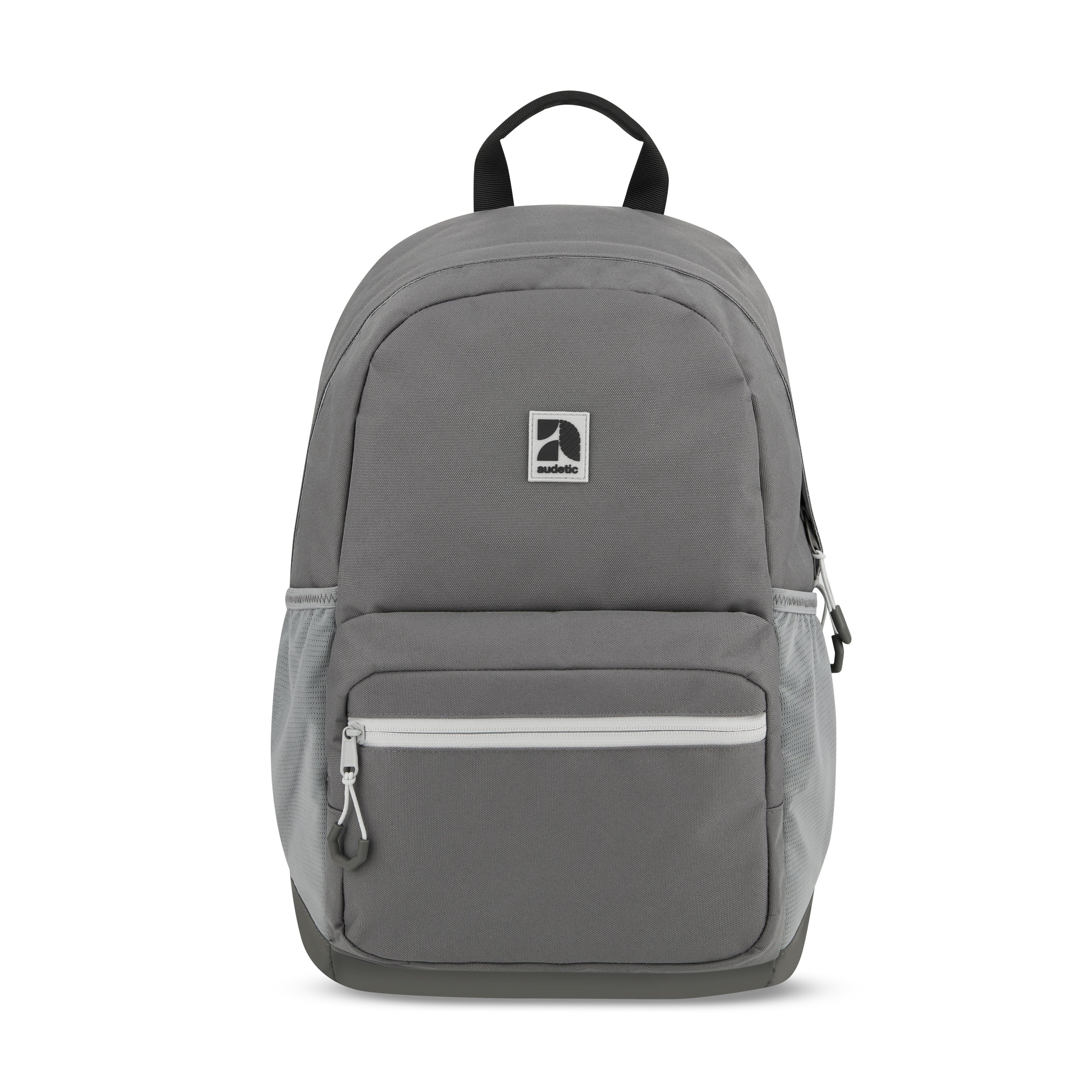 Grauer Schulrucksack FLEX von audetic mit Fronttasche und Netzseitentaschen
