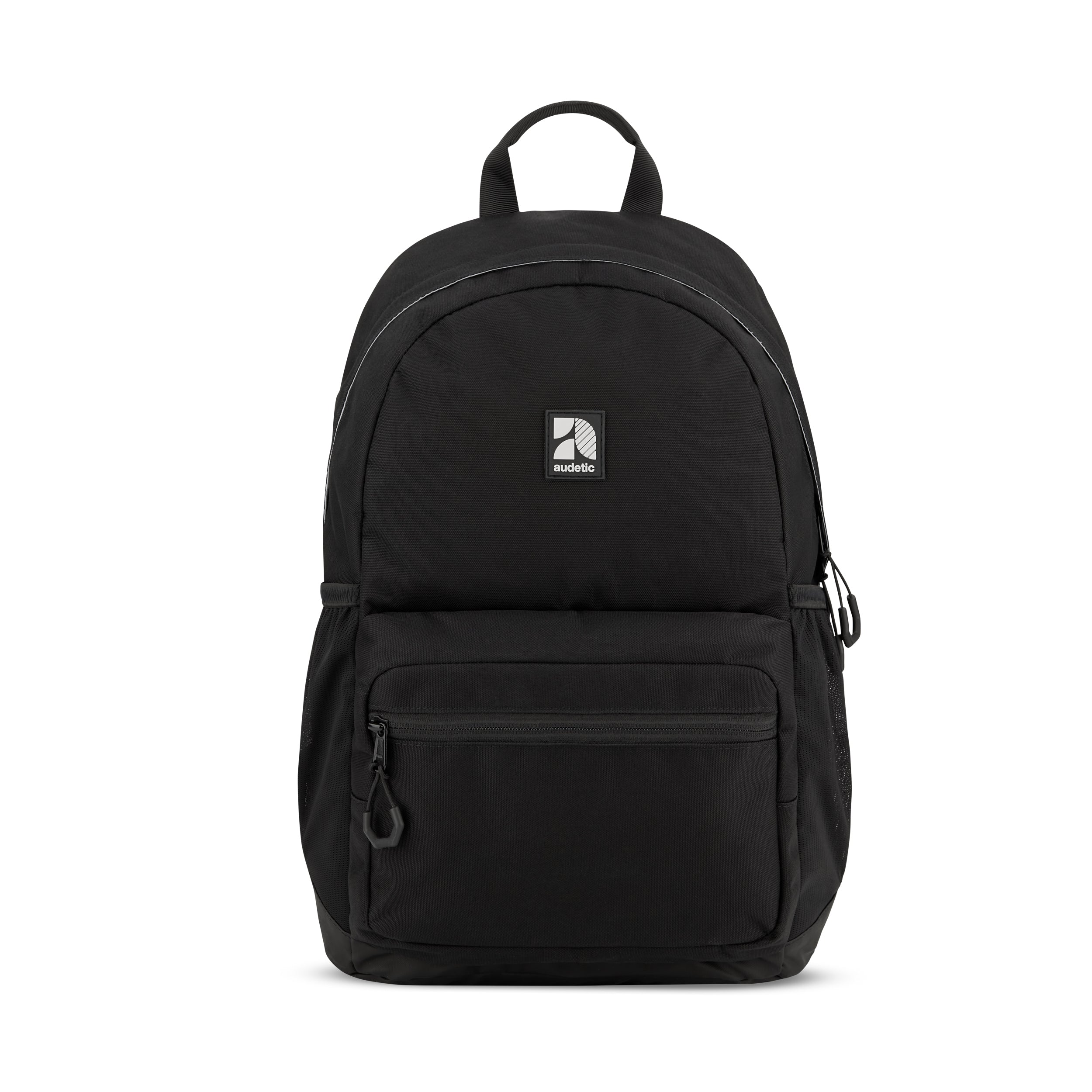 Schwarzer Schulrucksack FLEX von audetic mit Fronttasche und Netzseitentaschen