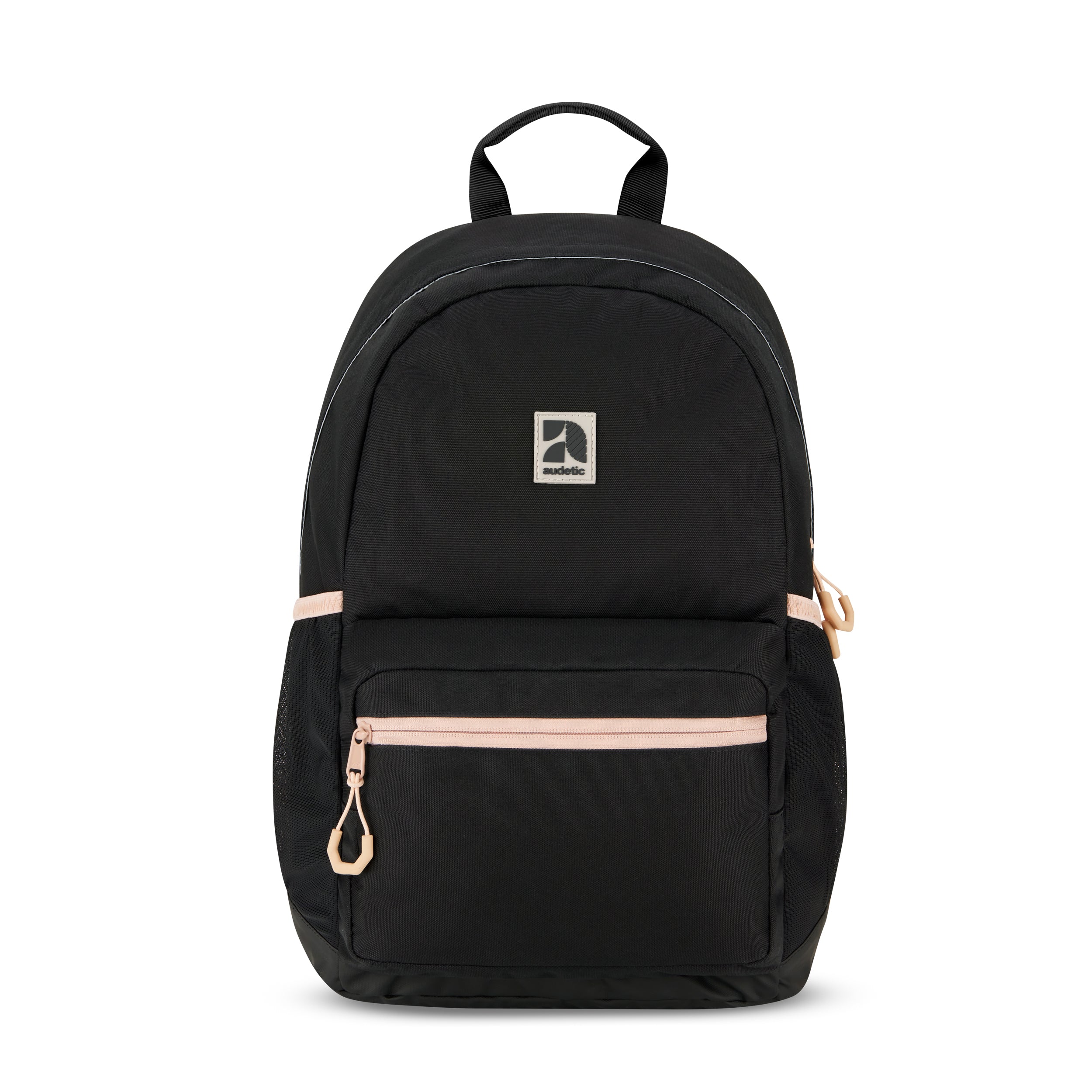 Schwarzer Schulrucksack FLEX mit rosa Details, Fronttasche und Tragegriff