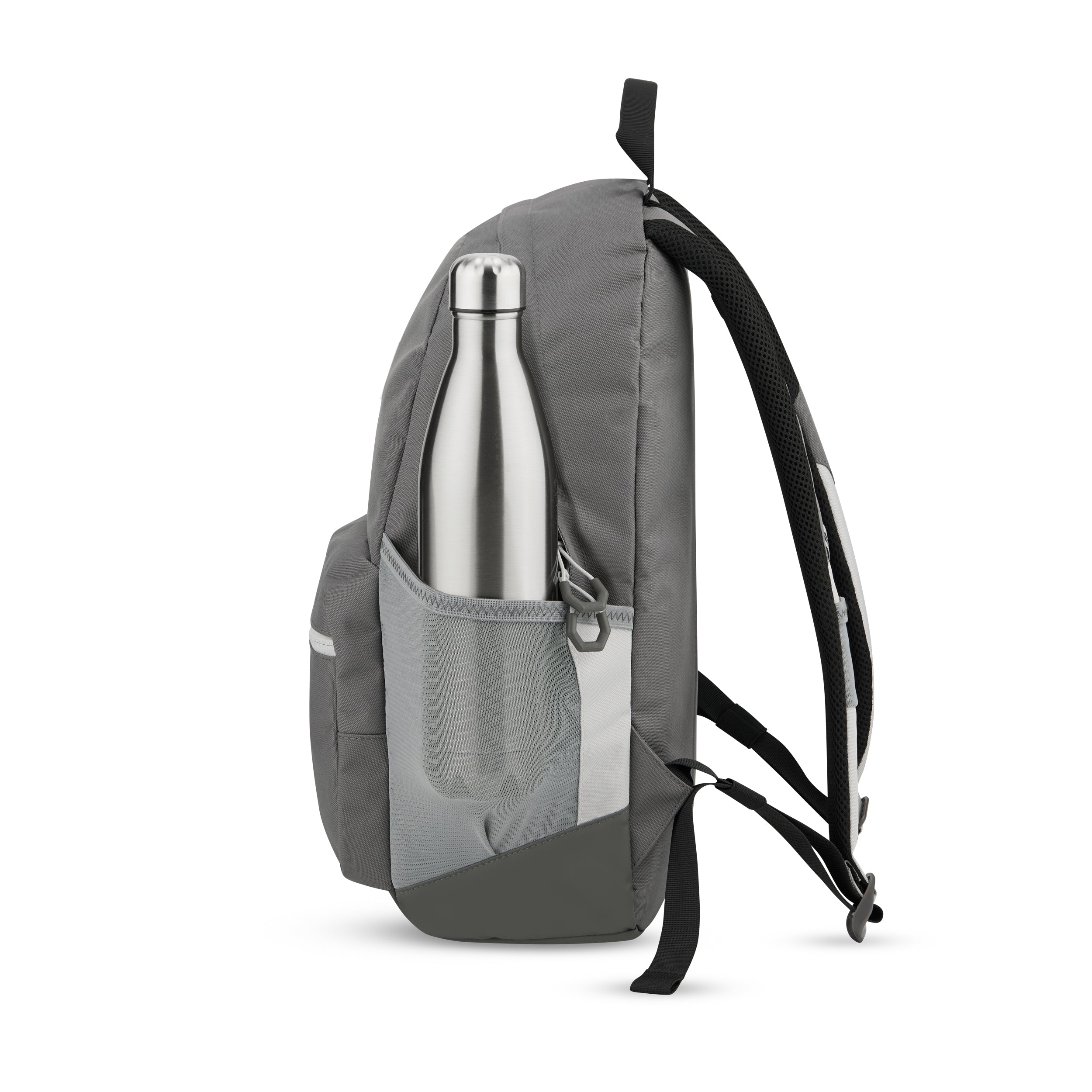 Grauer Schulrucksack FLEX mit Netzseitentasche und Edelstahl-Trinkflasche