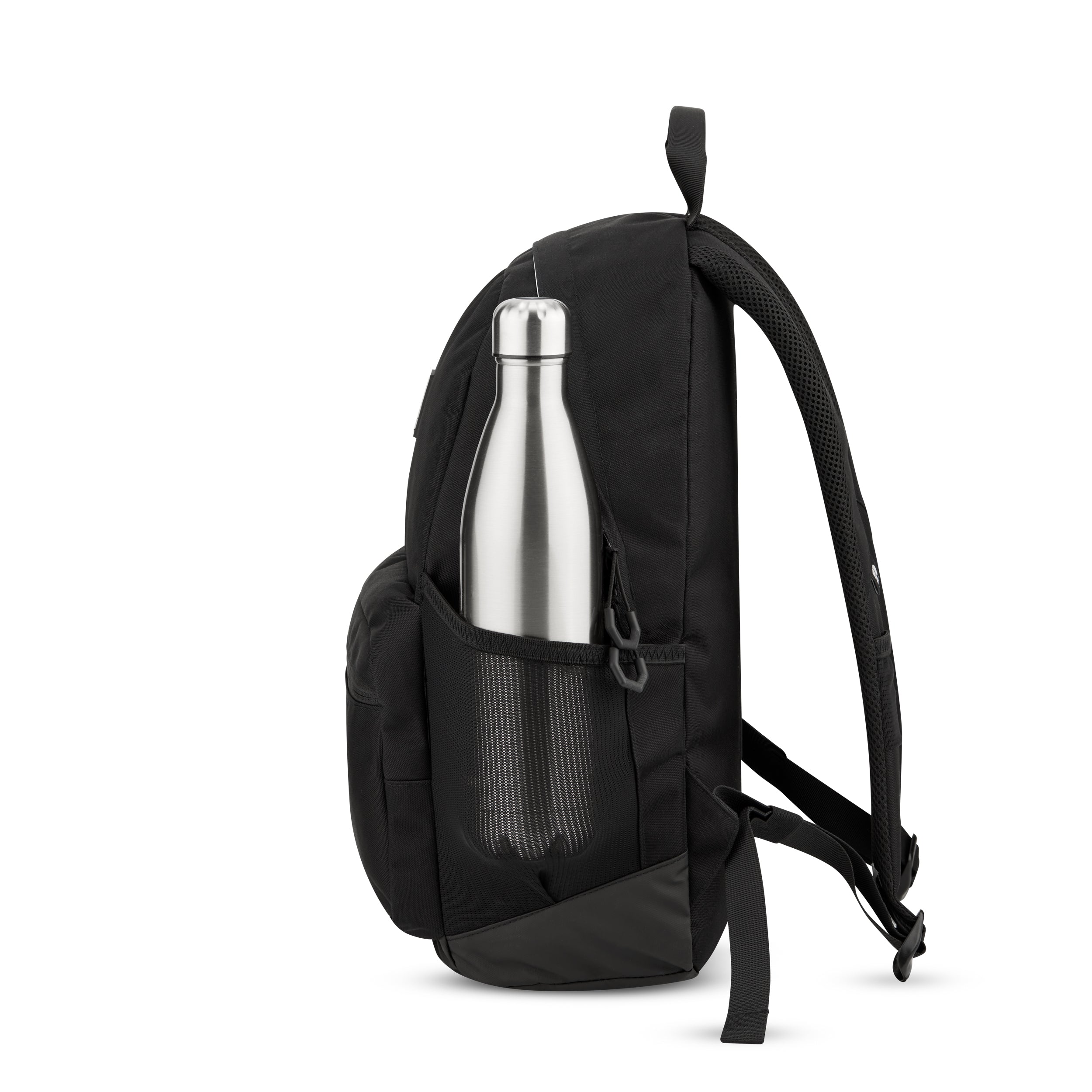 Schwarzer Schulrucksack FLEX mit Netzseitentasche und silberner Trinkflasche