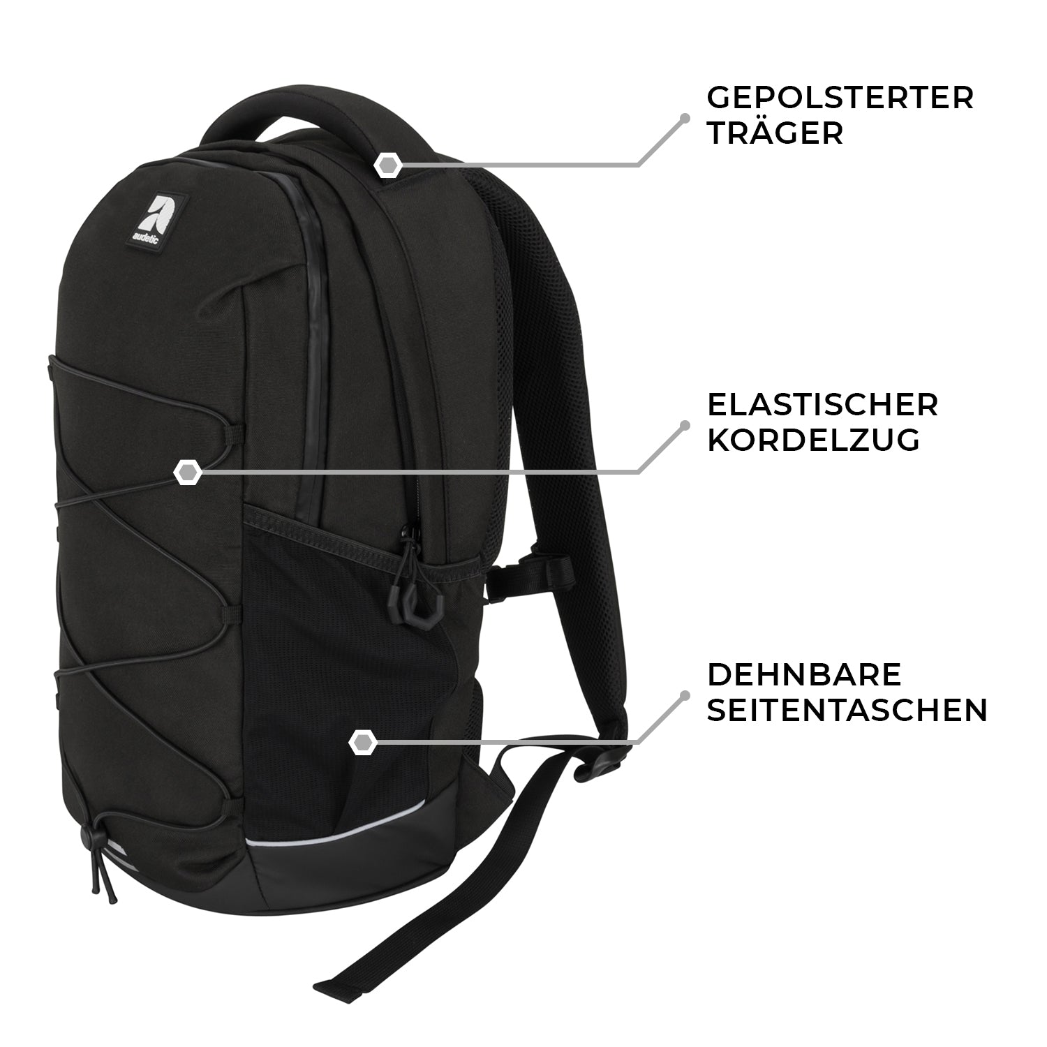 Schwarzer Audetic Schulrucksack AERO mit gepolsterten Trägern, elastischem Kordelzug und dehnbaren Seitentaschen