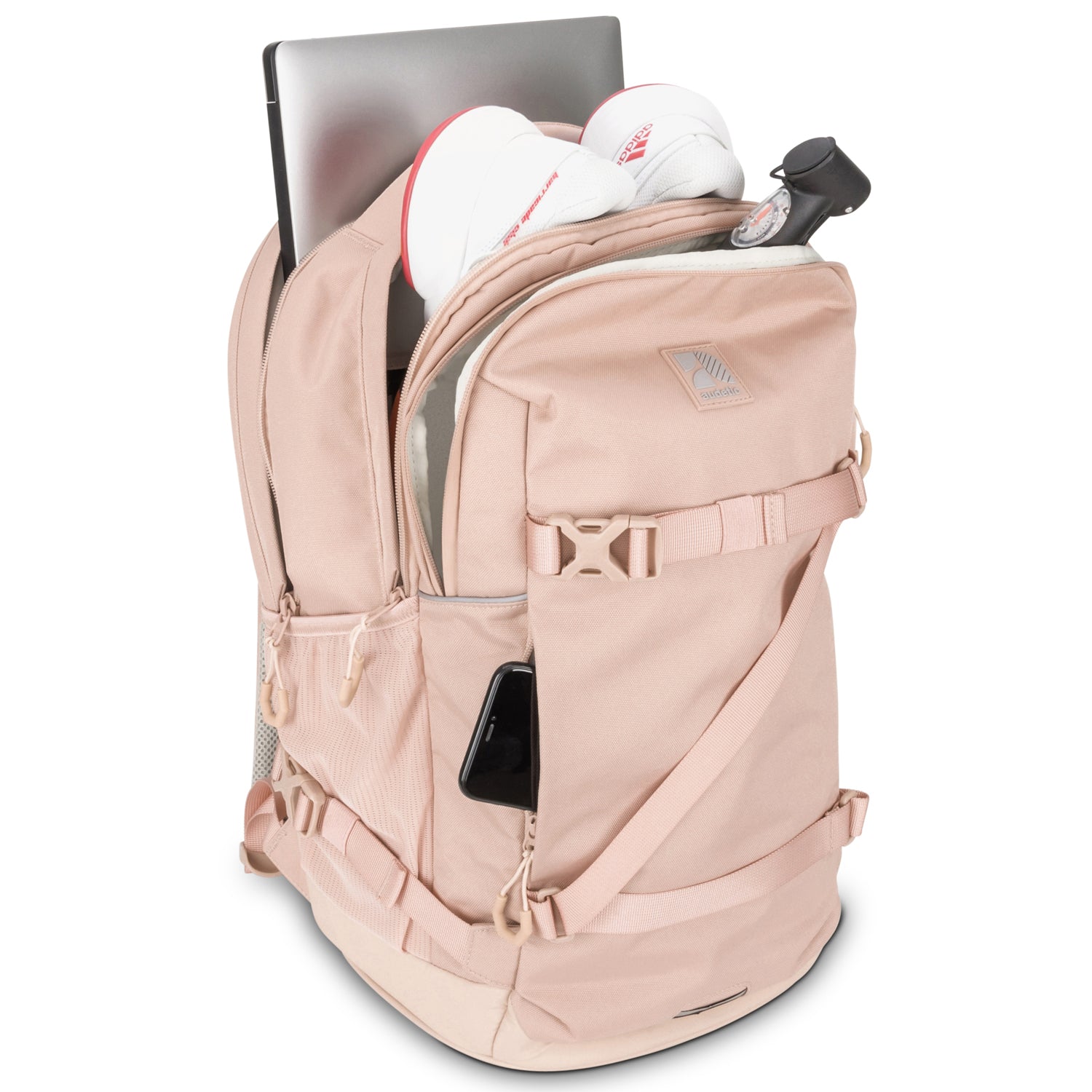 Rosa Schulrucksack COSMO mit mehreren Fächern, enthalten Laptop, Schuhe, Fahrradpumpe, Smartphone